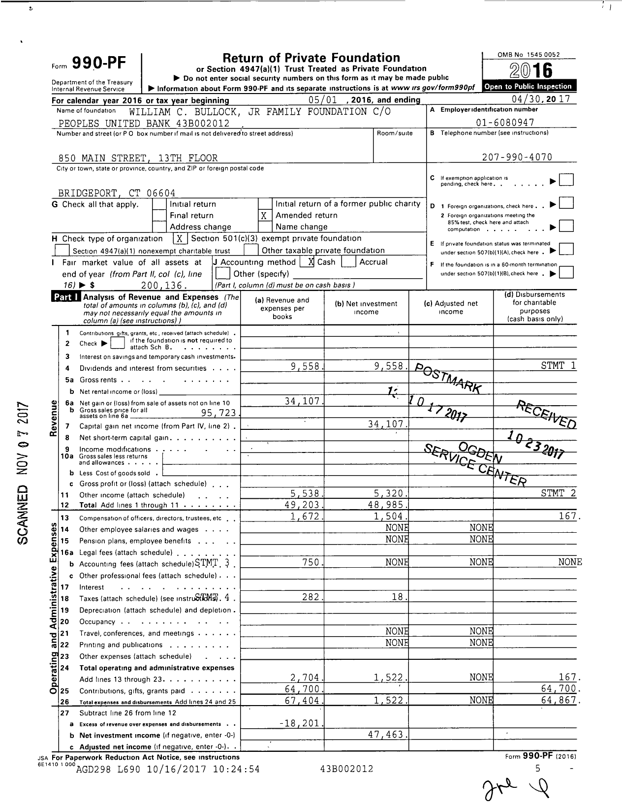 Image of first page of 2016 Form 990PF for William C Bullock JR Family Foundation