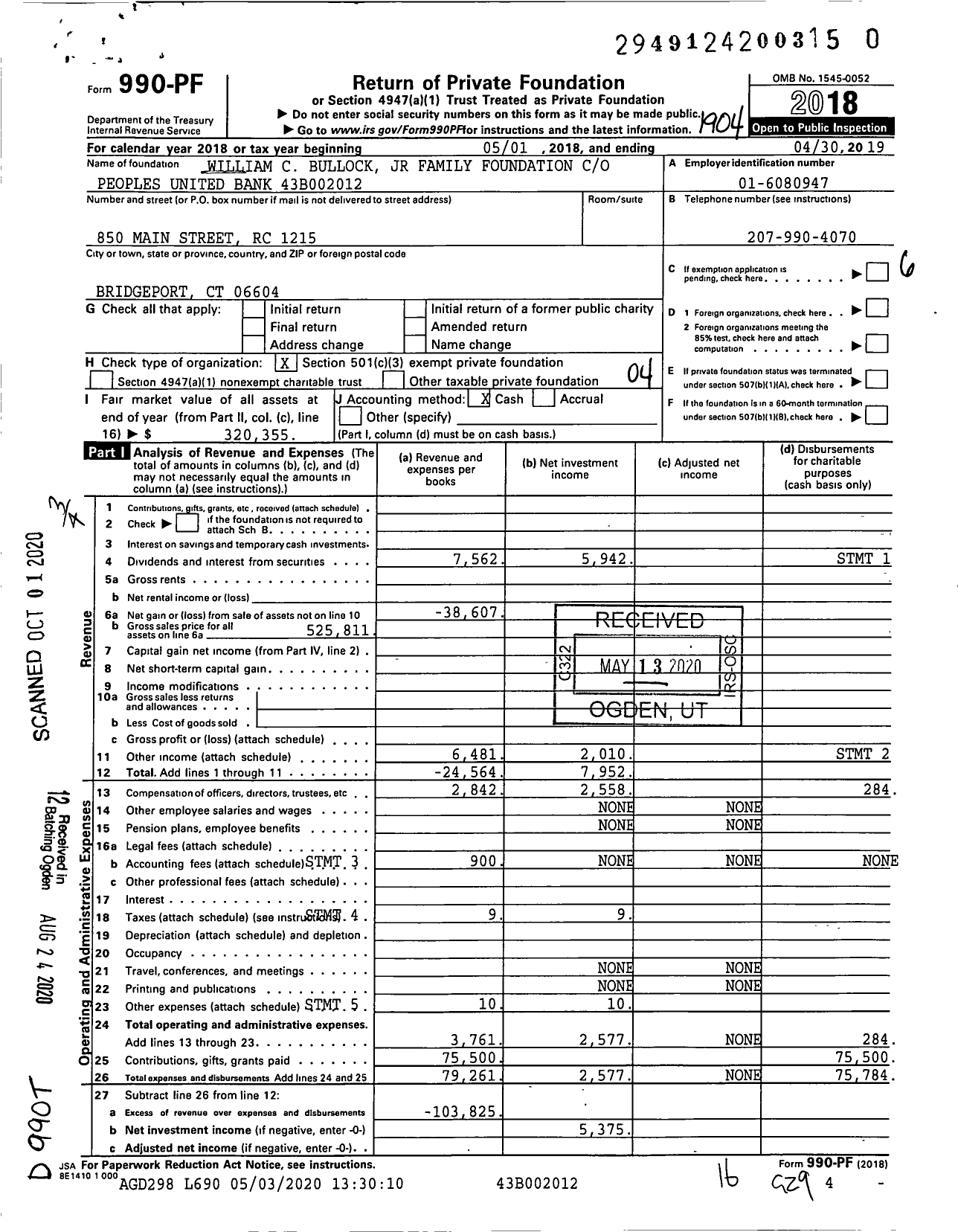 Image of first page of 2018 Form 990PR for William C Bullock JR Family Foundation