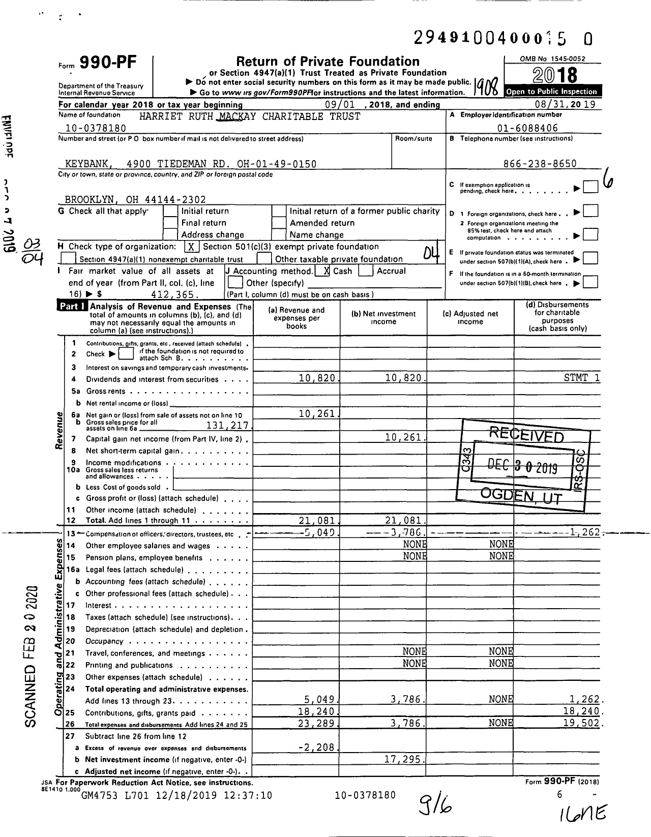 Image of first page of 2018 Form 990PR for Harriet Ruth Mackay Charitable Trust