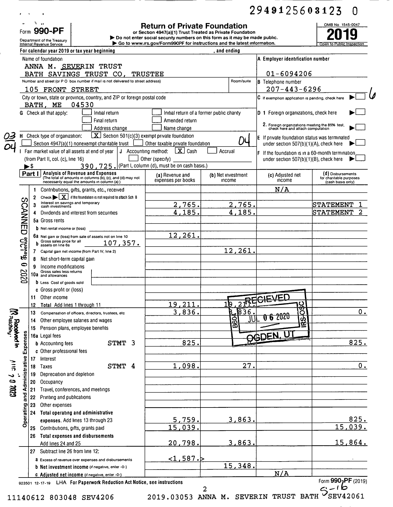 Image of first page of 2019 Form 990PR for Anna M Severin Trust Bath Savings Trust Trustee