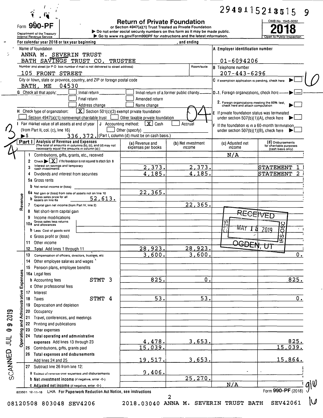 Image of first page of 2018 Form 990PF for Anna M Severin Trust Bath Savings Trust Trustee