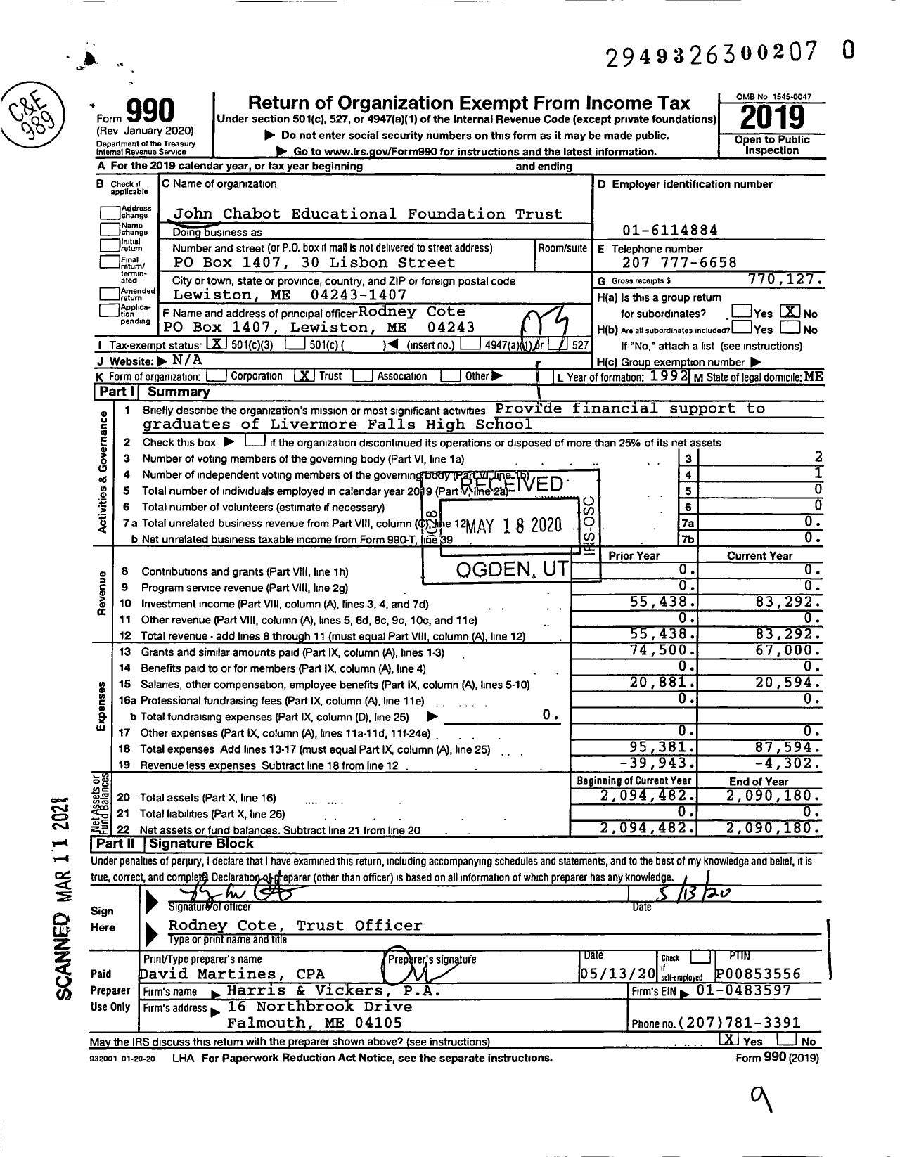 Image of first page of 2019 Form 990 for John Chabot Educational Foundation Trust