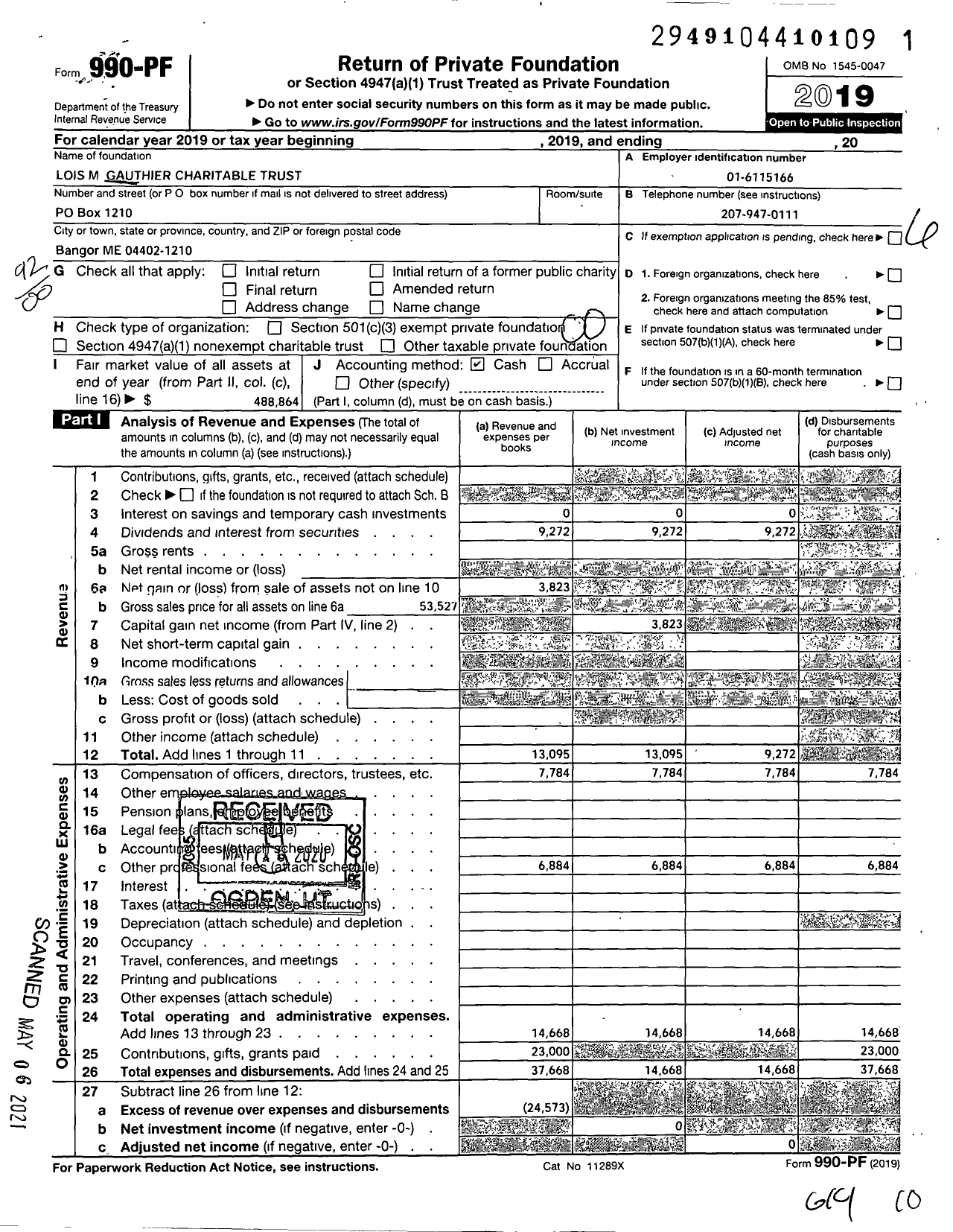 Image of first page of 2019 Form 990PF for Lois M Gauthier Charitable Trust