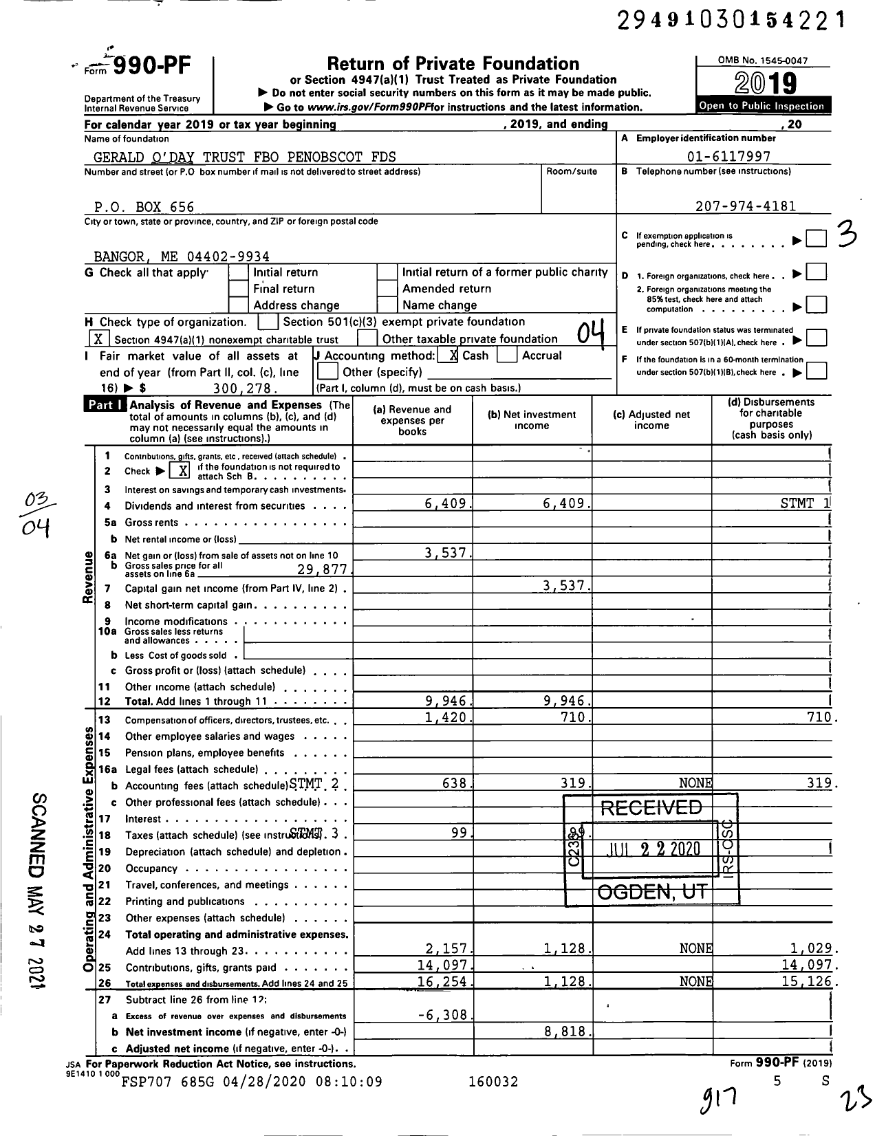 Image of first page of 2019 Form 990PF for Gerald Oday TR Fbo Penobscot