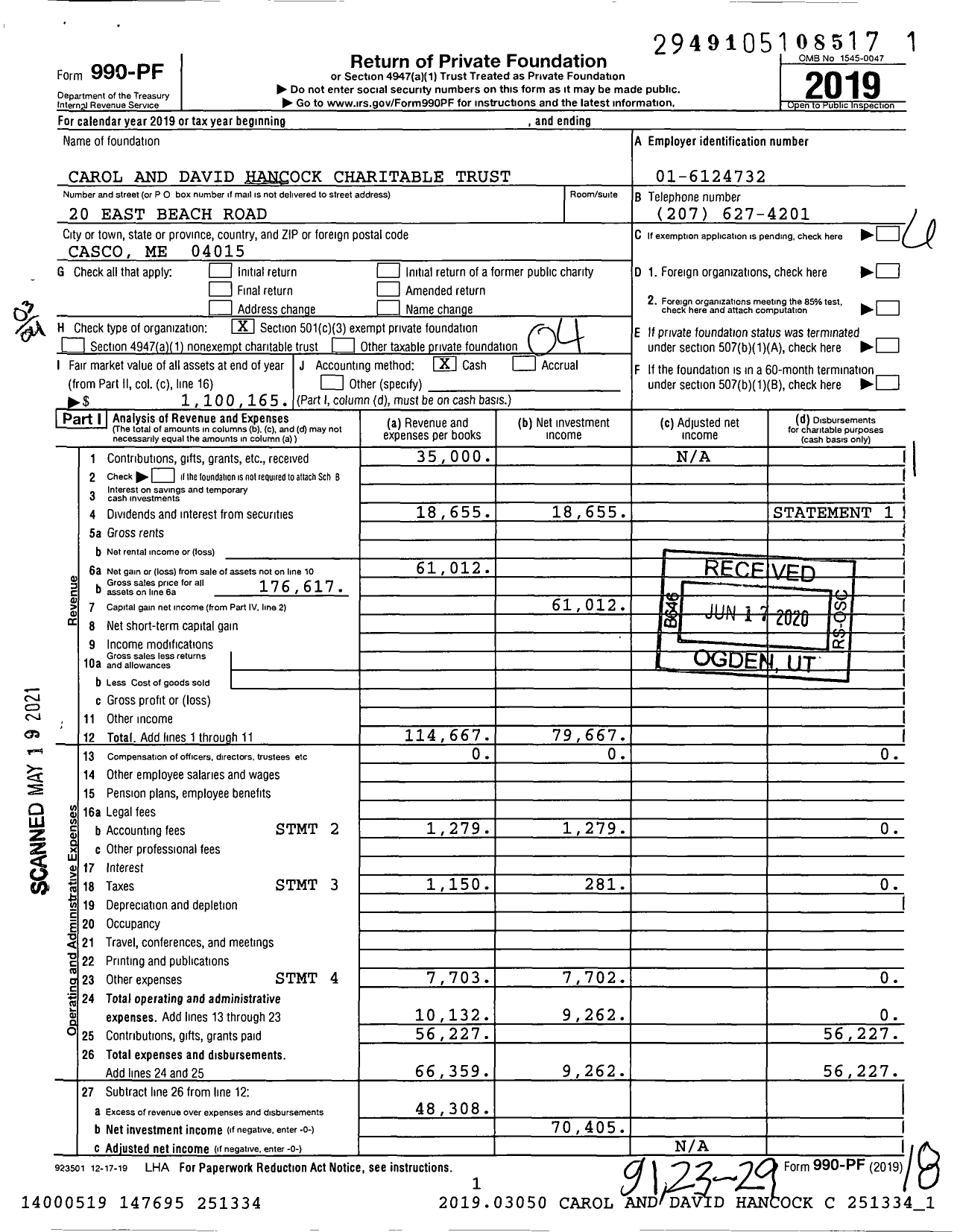 Image of first page of 2019 Form 990PF for Carol and David Hancock Charitable Trust