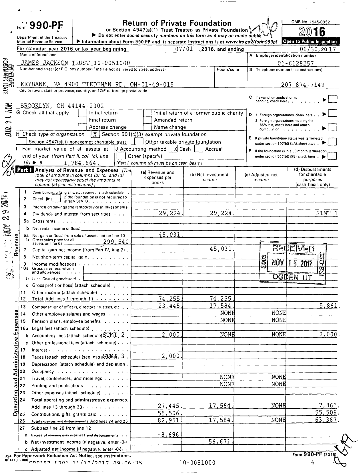 Image of first page of 2016 Form 990PF for James Jackson Trust