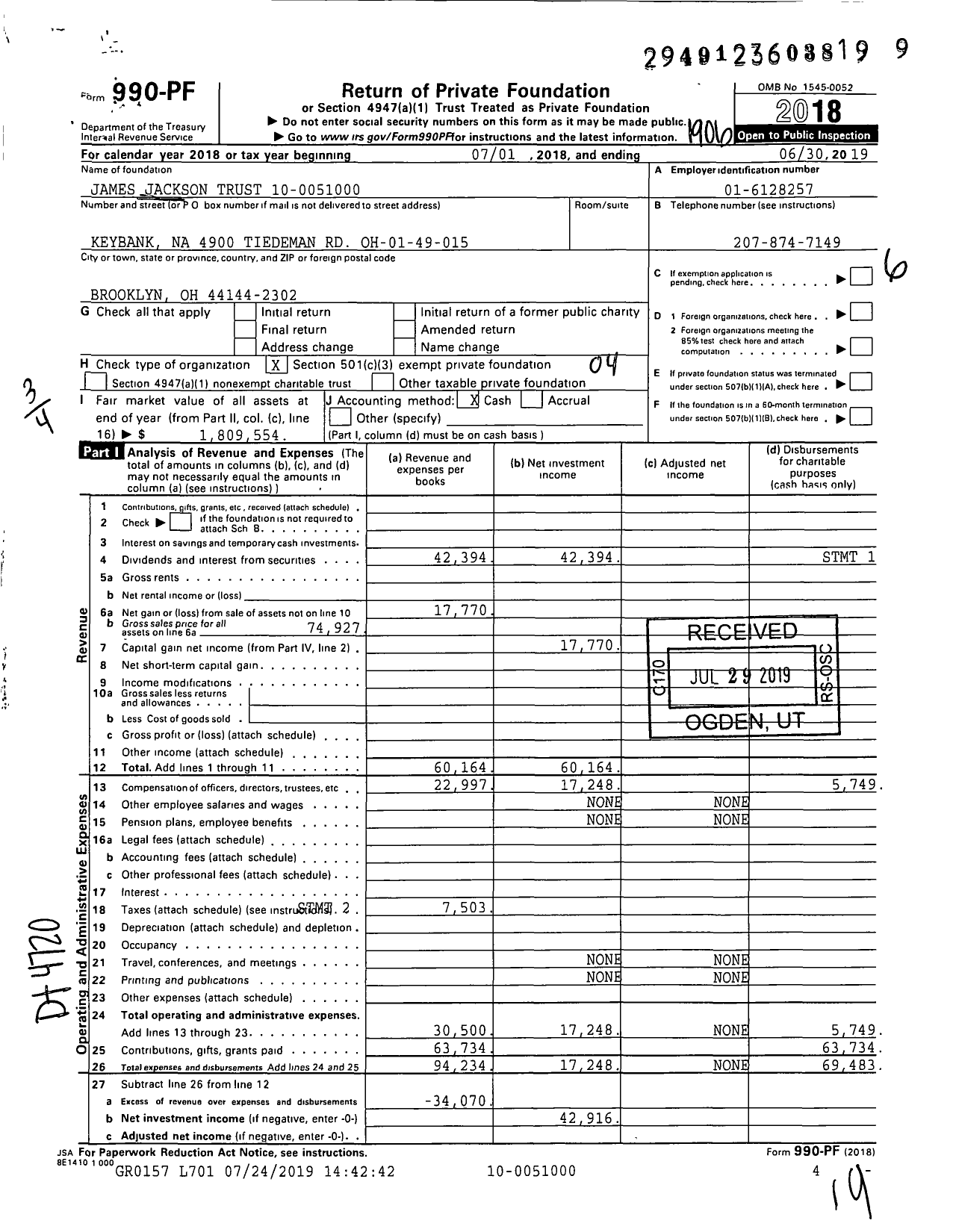 Image of first page of 2018 Form 990PF for James Jackson Trust