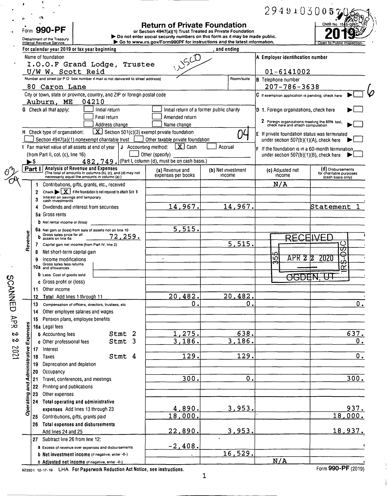 Image of first page of 2019 Form 990PF for IOOF Grand Lodge Trustee U / W W Scott Reid