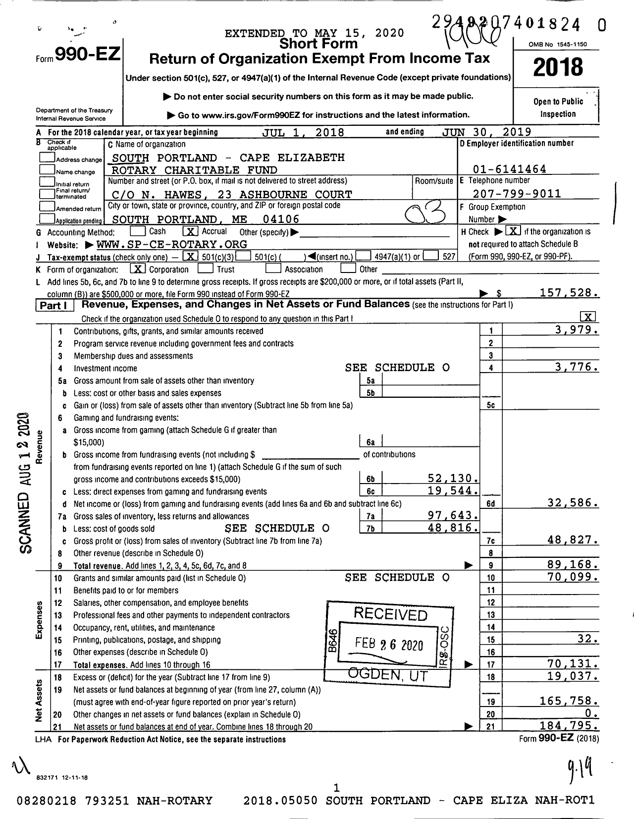 Image of first page of 2018 Form 990EZ for South Portland - Cape Elizabeth Rotary Charitable Fund