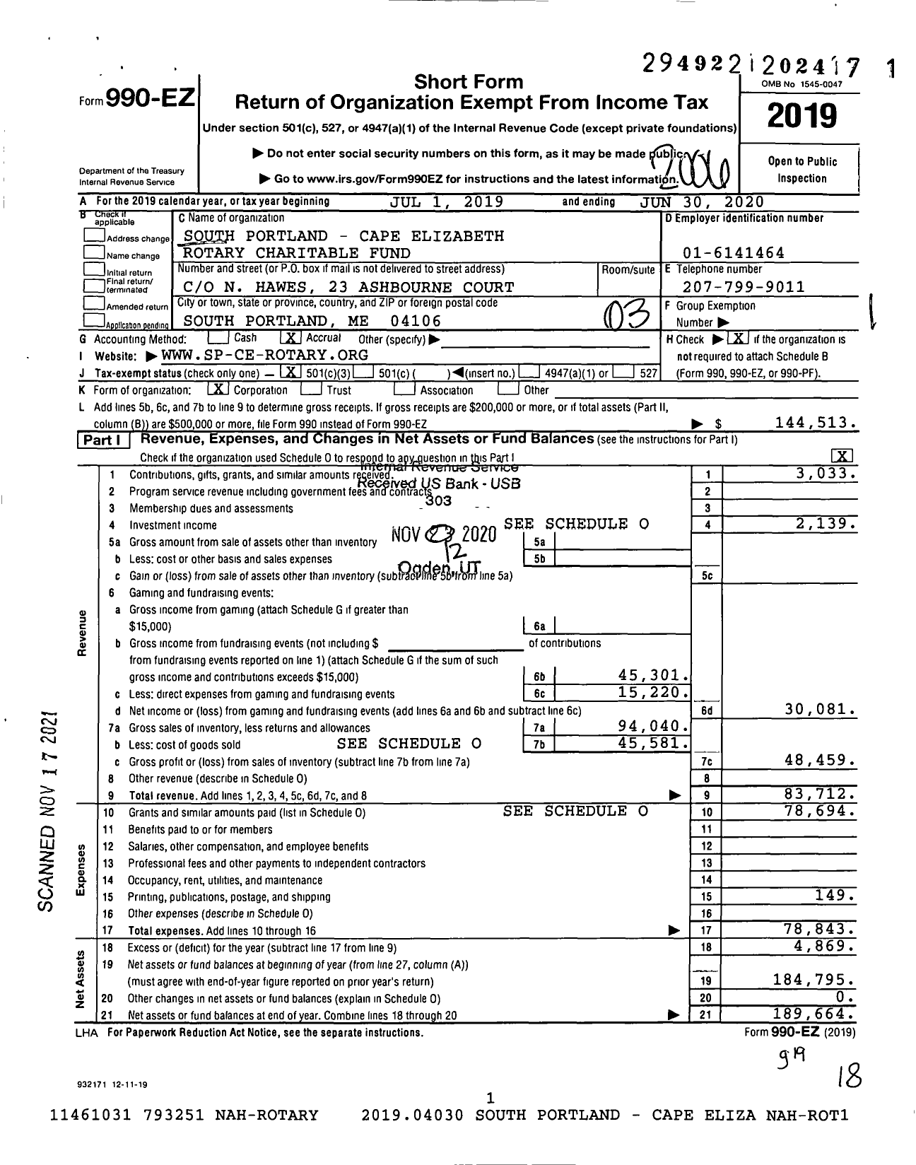 Image of first page of 2019 Form 990EZ for South Portland - Cape Elizabeth Rotary Charitable Fund