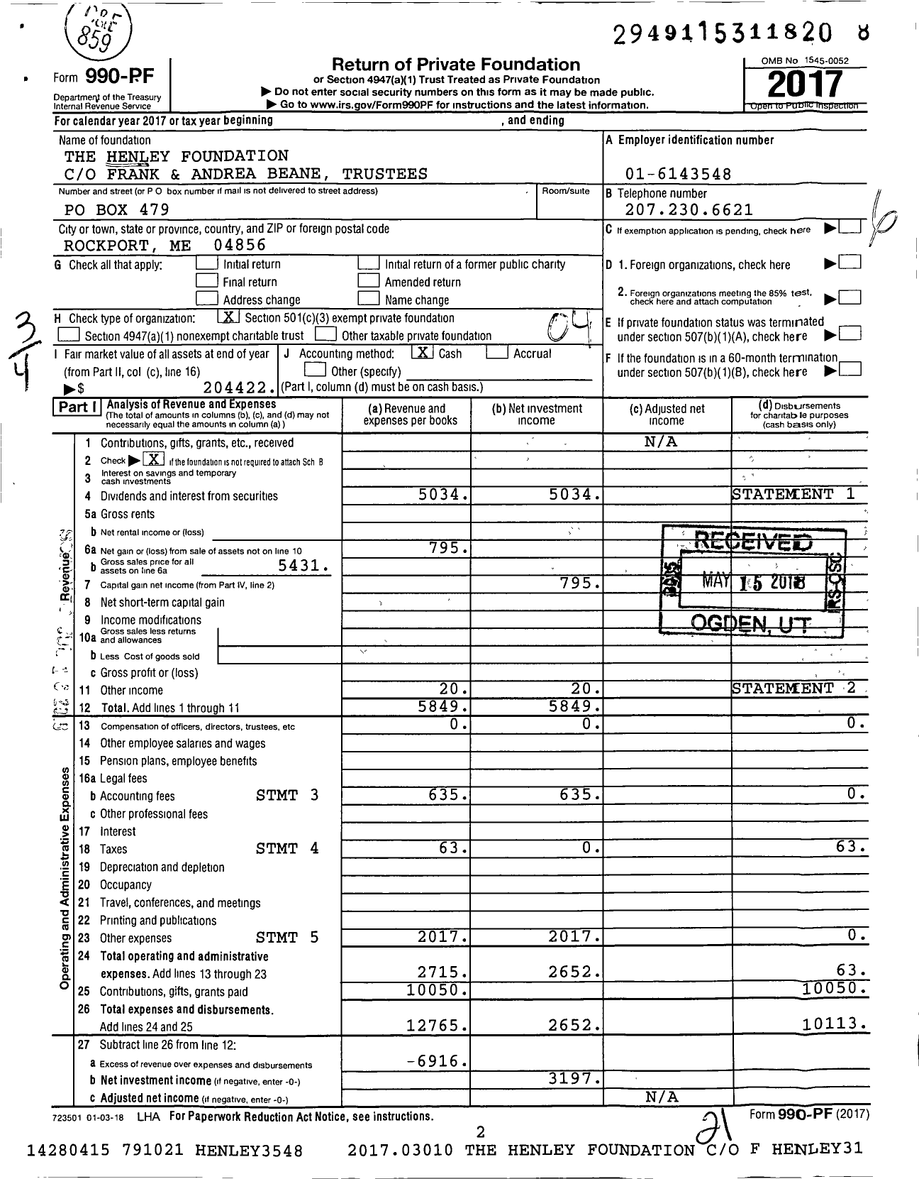 Image of first page of 2017 Form 990PF for The Henley Foundation / Beane Frank E JR & Andrea R Ttees