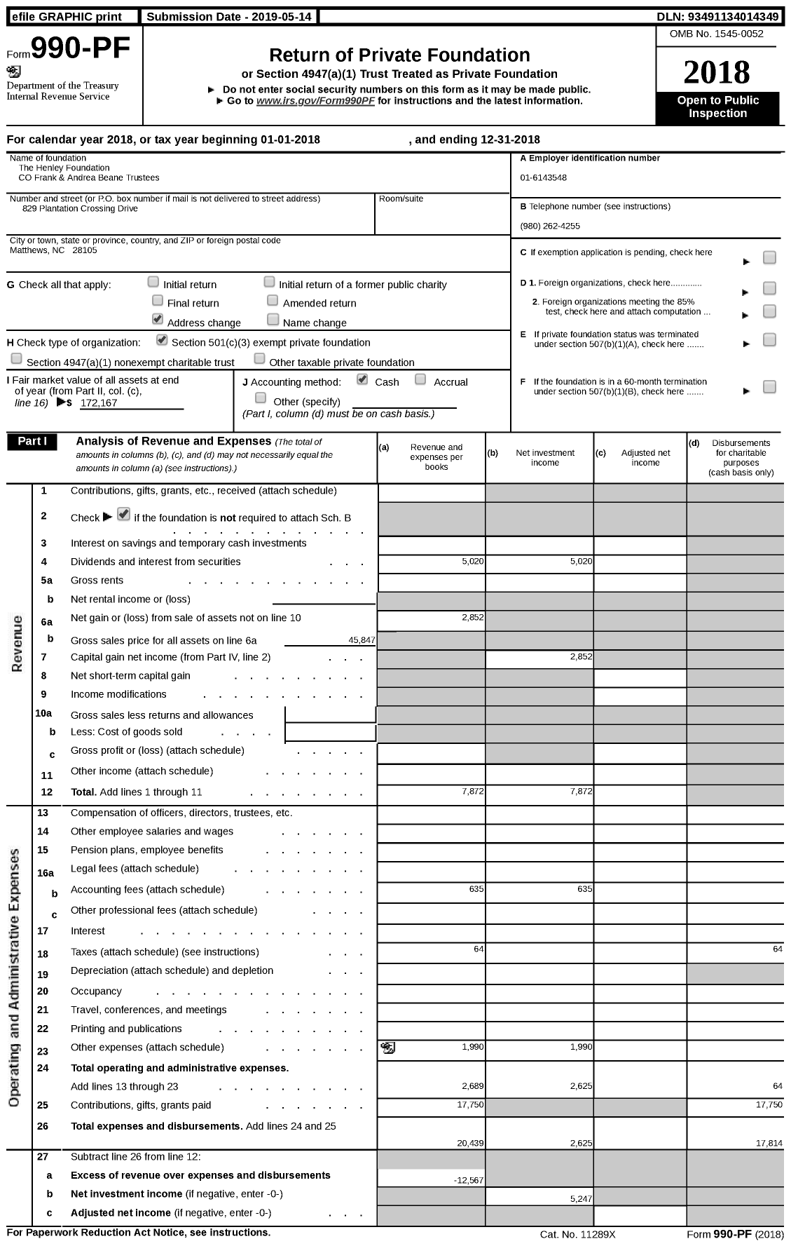 Image of first page of 2018 Form 990PF for The Henley Foundation / Beane Frank E JR & Andrea R Ttees