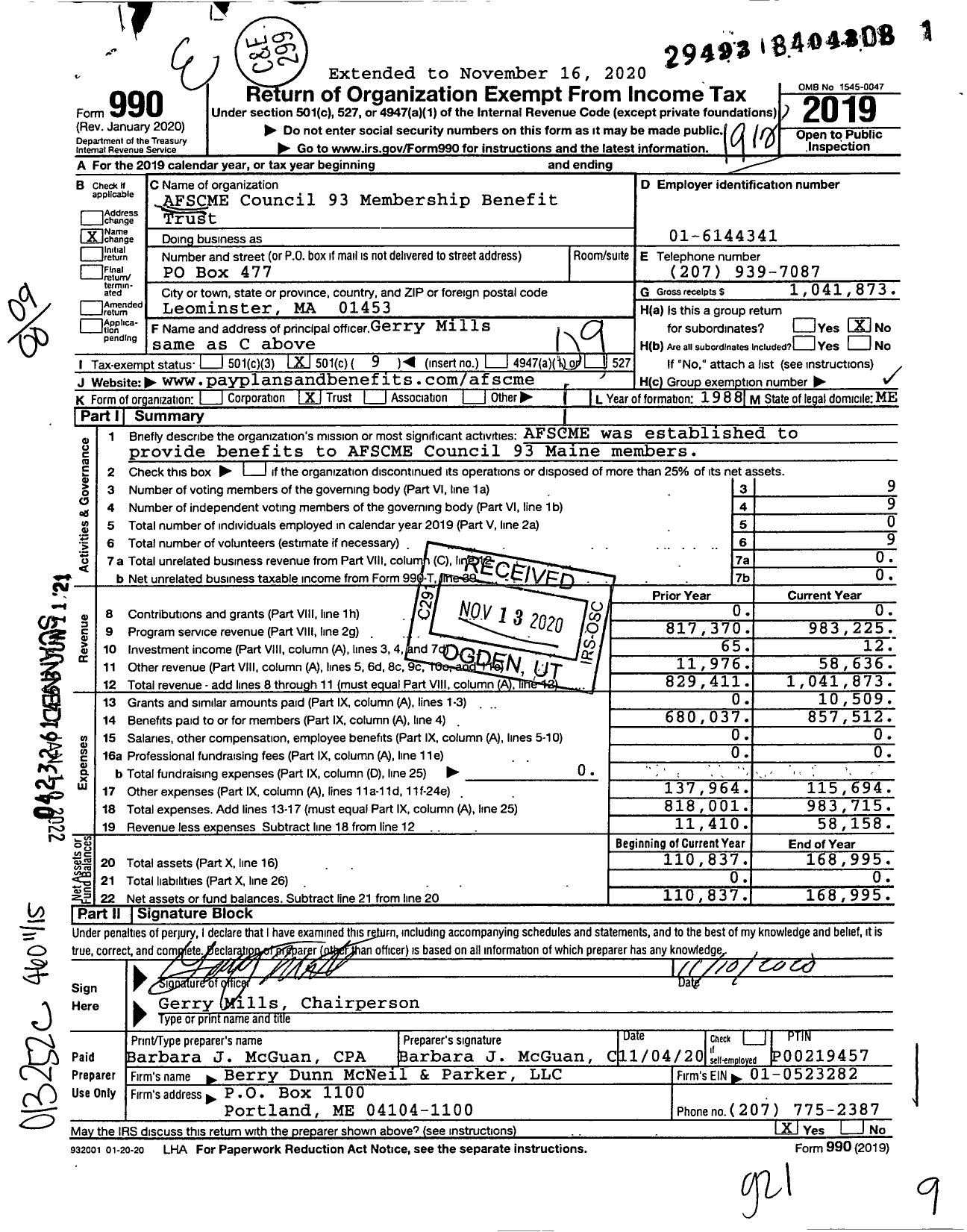 Image of first page of 2019 Form 990O for AFSCME Council 93 Membership Benefit Trust
