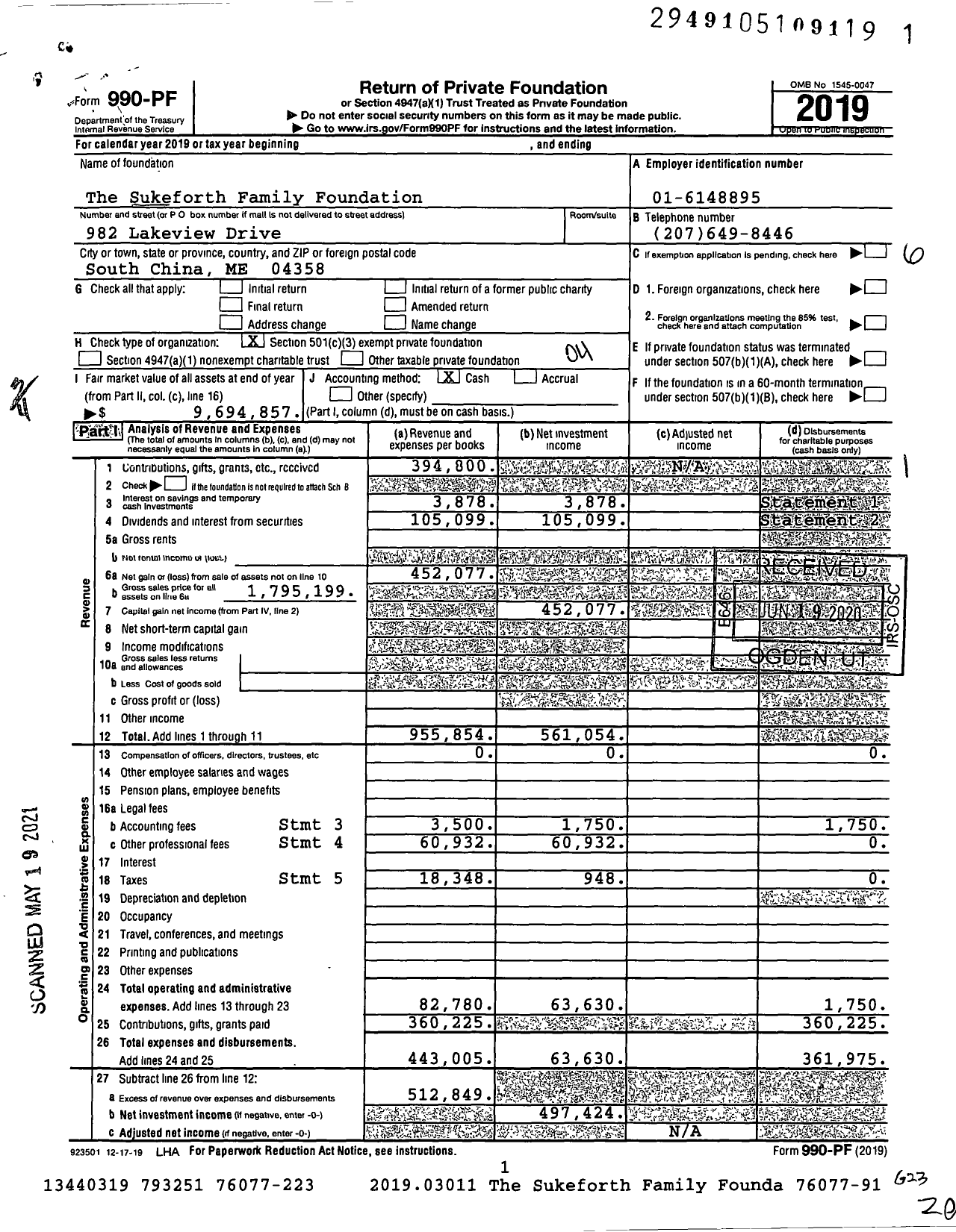 Image of first page of 2019 Form 990PF for The Sukeforth Family Foundation