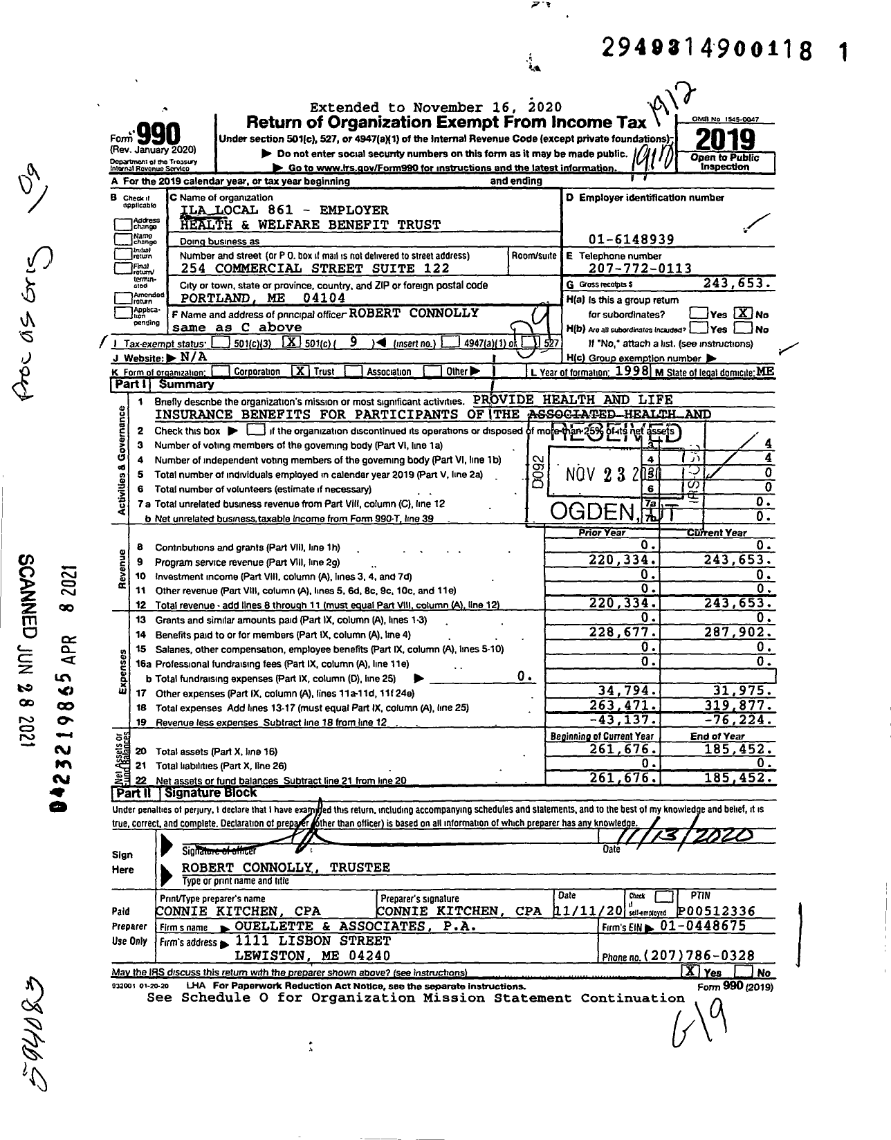 Image of first page of 2019 Form 990O for Ila Local 861 - Employer Health and Welfare Benefit Trust