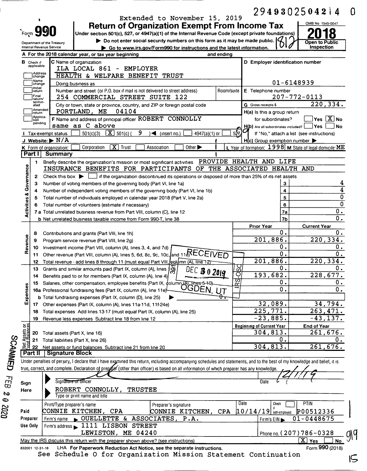 Image of first page of 2018 Form 990O for Ila Local 861 - Employer Health and Welfare Benefit Trust