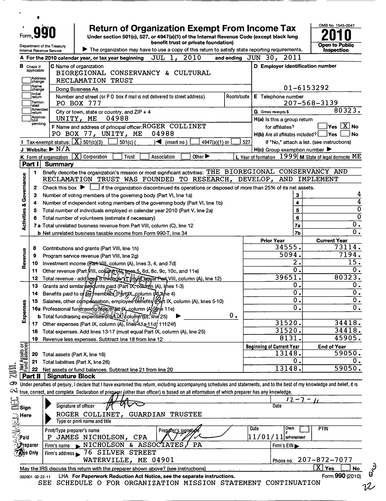 Image of first page of 2010 Form 990 for Bioregional Conservancy and Reclamation Trust