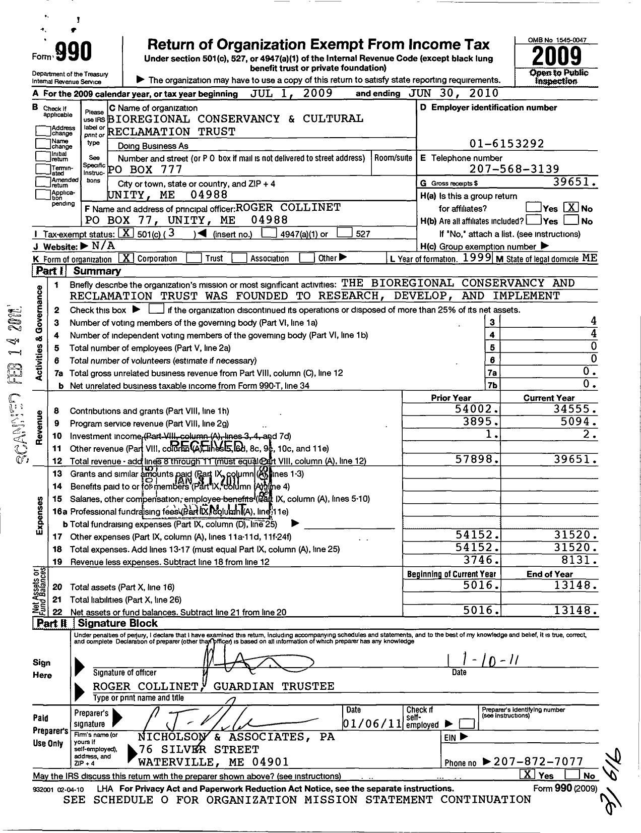 Image of first page of 2009 Form 990 for Bioregional Conservancy and Reclamation Trust