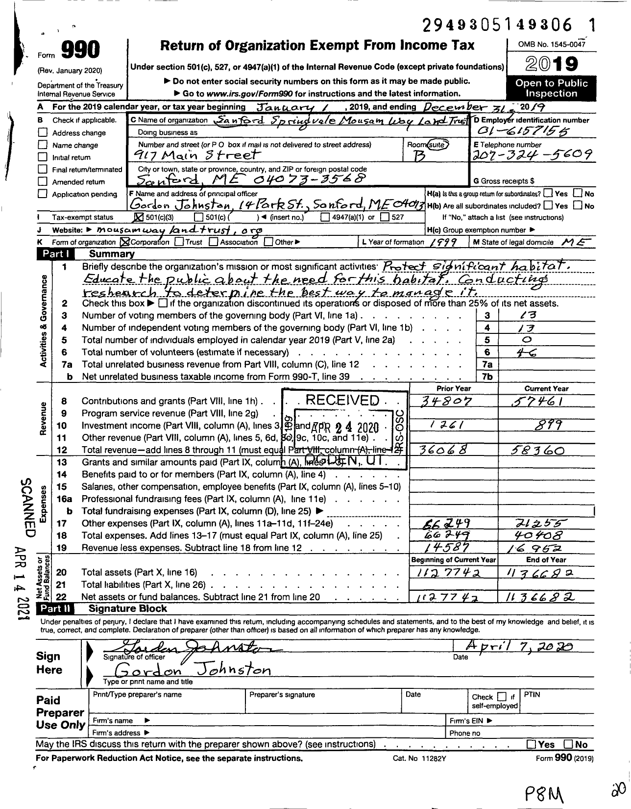 Image of first page of 2019 Form 990 for Mousam Way Land Trust