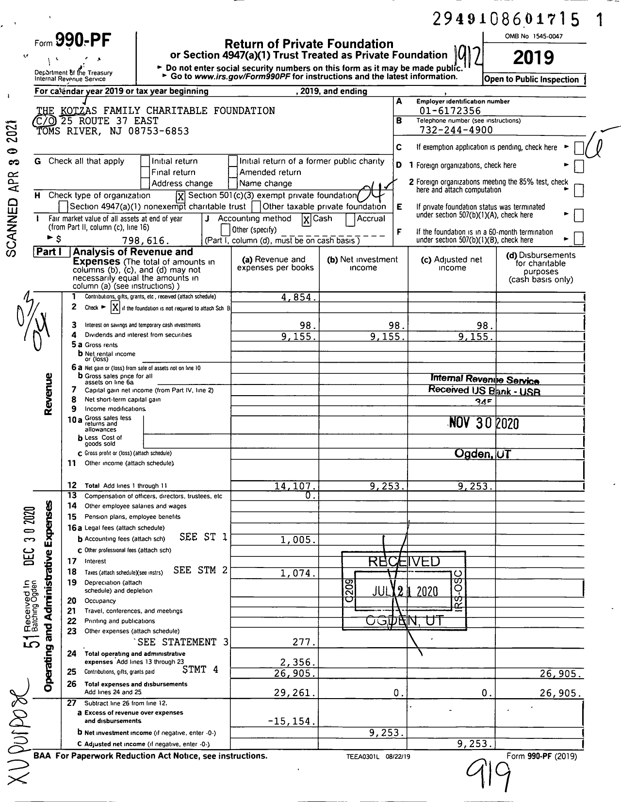 Image of first page of 2019 Form 990PF for The Kotzas Family Charitable Foundation