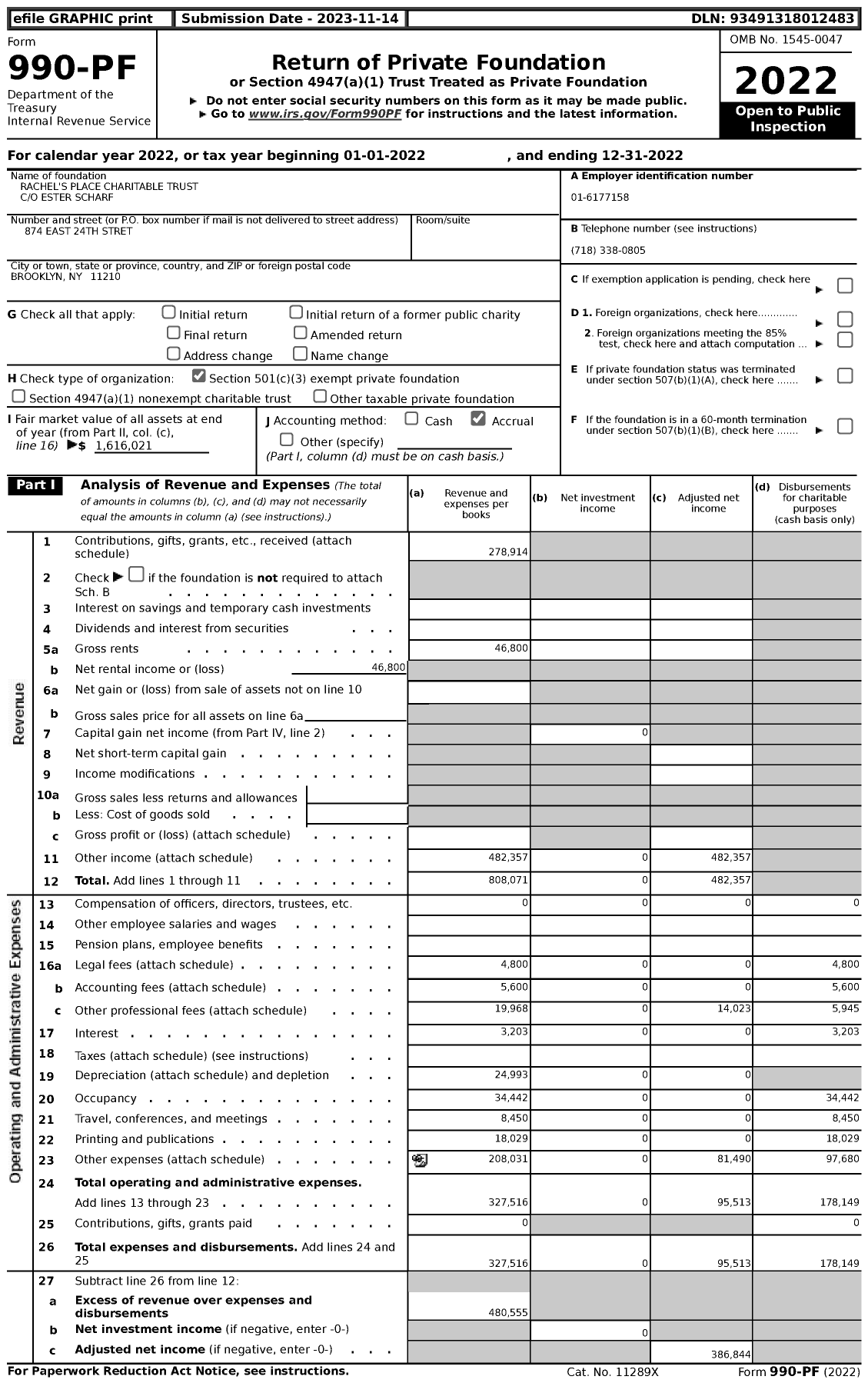 Image of first page of 2022 Form 990PF for Rachel's Place Charitable Trust