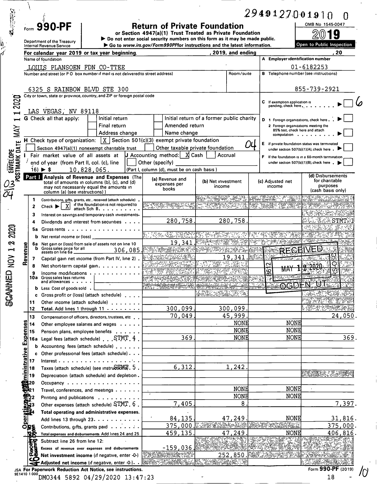 Image of first page of 2019 Form 990PF for Louis Plansoen Foundation Co-Ttee