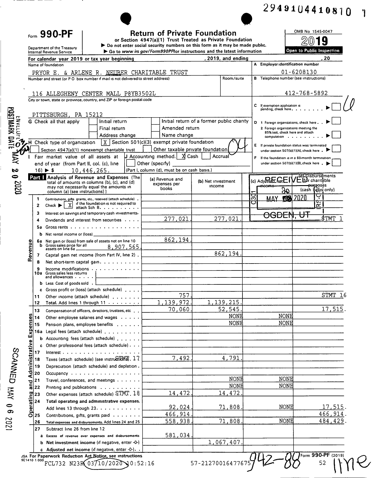 Image of first page of 2019 Form 990PF for Pryor E and Arlene R Neuber Charitable Trust