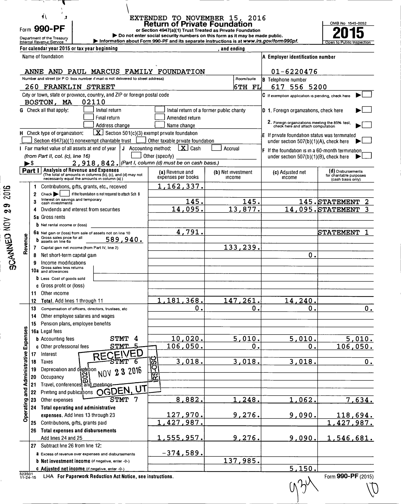 Image of first page of 2015 Form 990PF for Anne and Paul Marcus Family Foundation