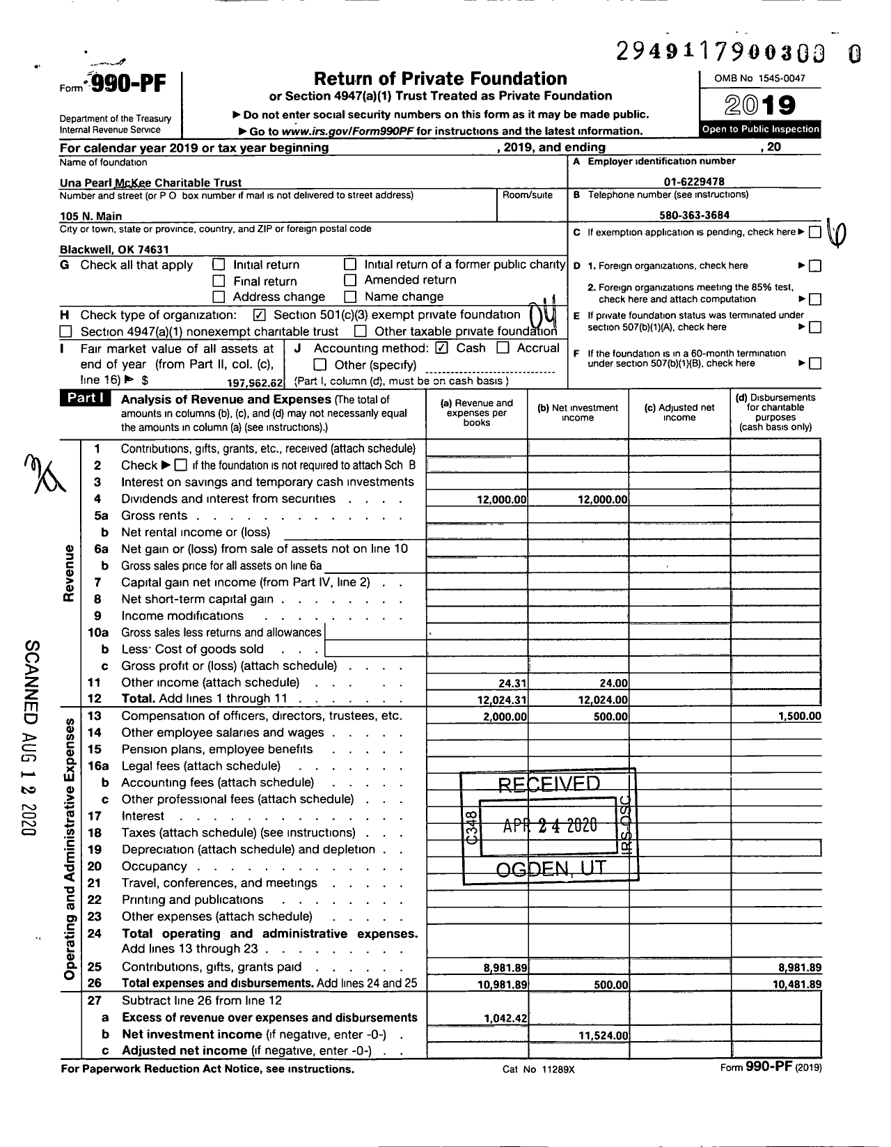 Image of first page of 2019 Form 990PR for Una Pearl Mckee Charitable Trust