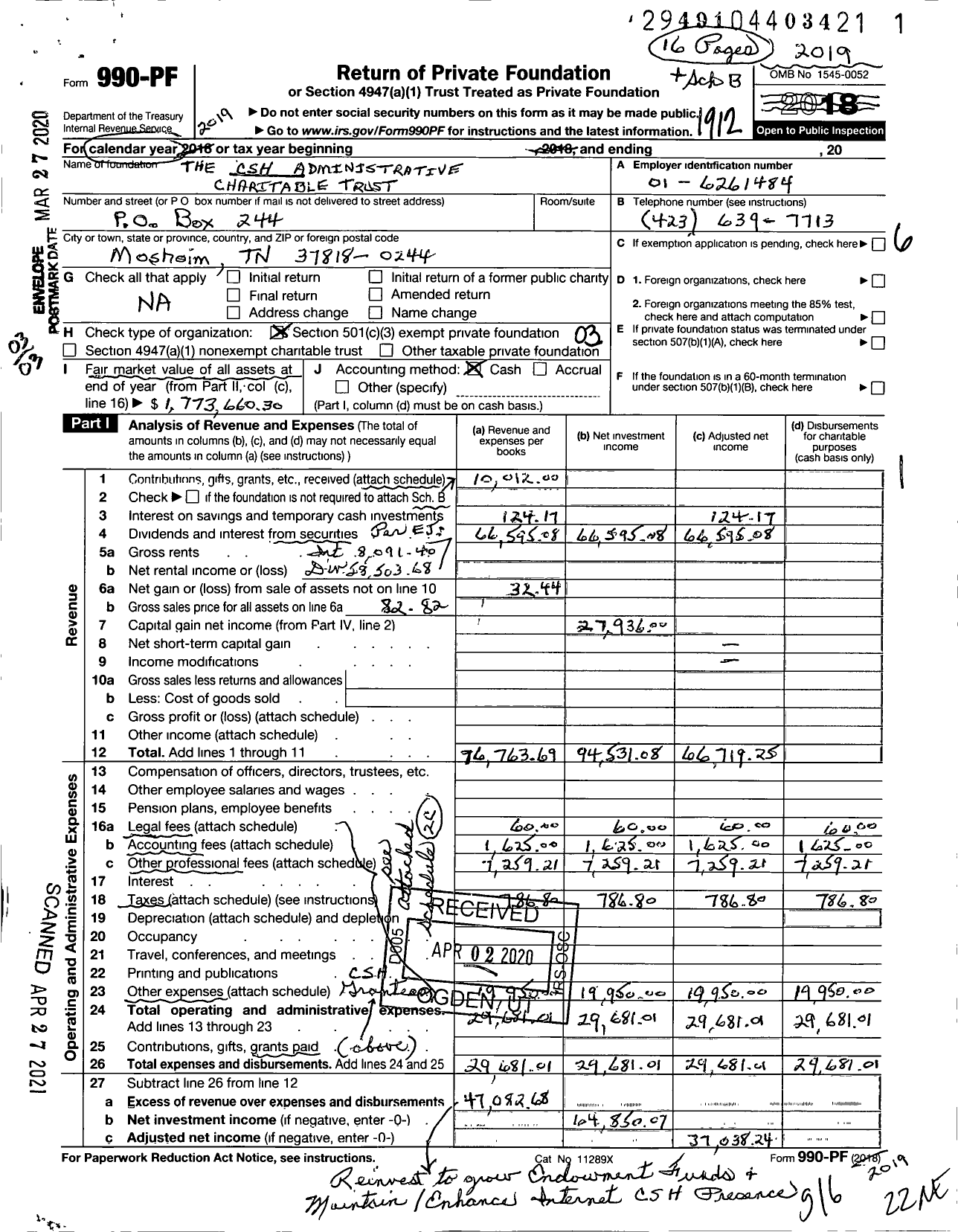 Image of first page of 2019 Form 990PF for The CSH Administrative Charitable Trust