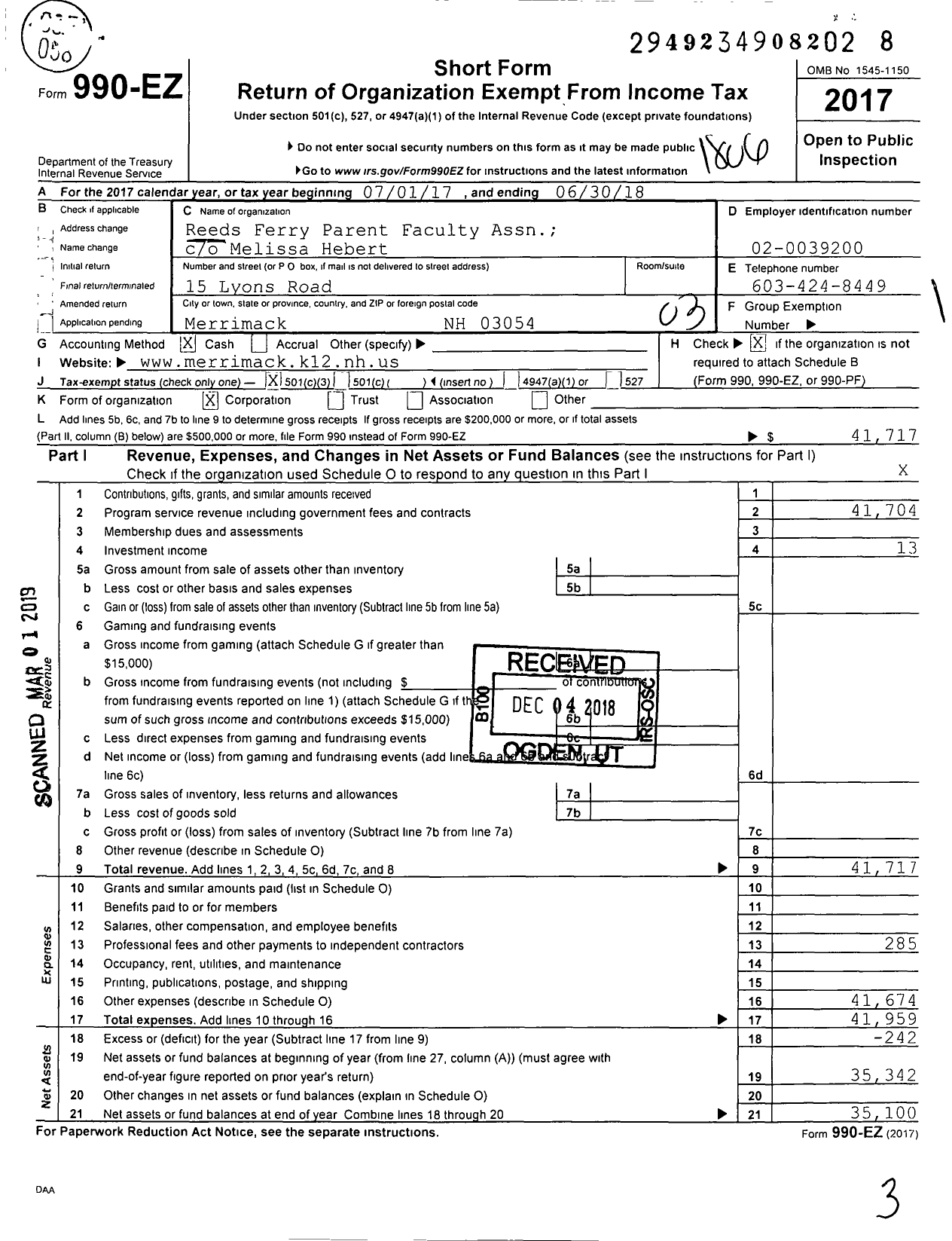 Image of first page of 2017 Form 990EZ for Reeds Ferry Parent Faculty Assn