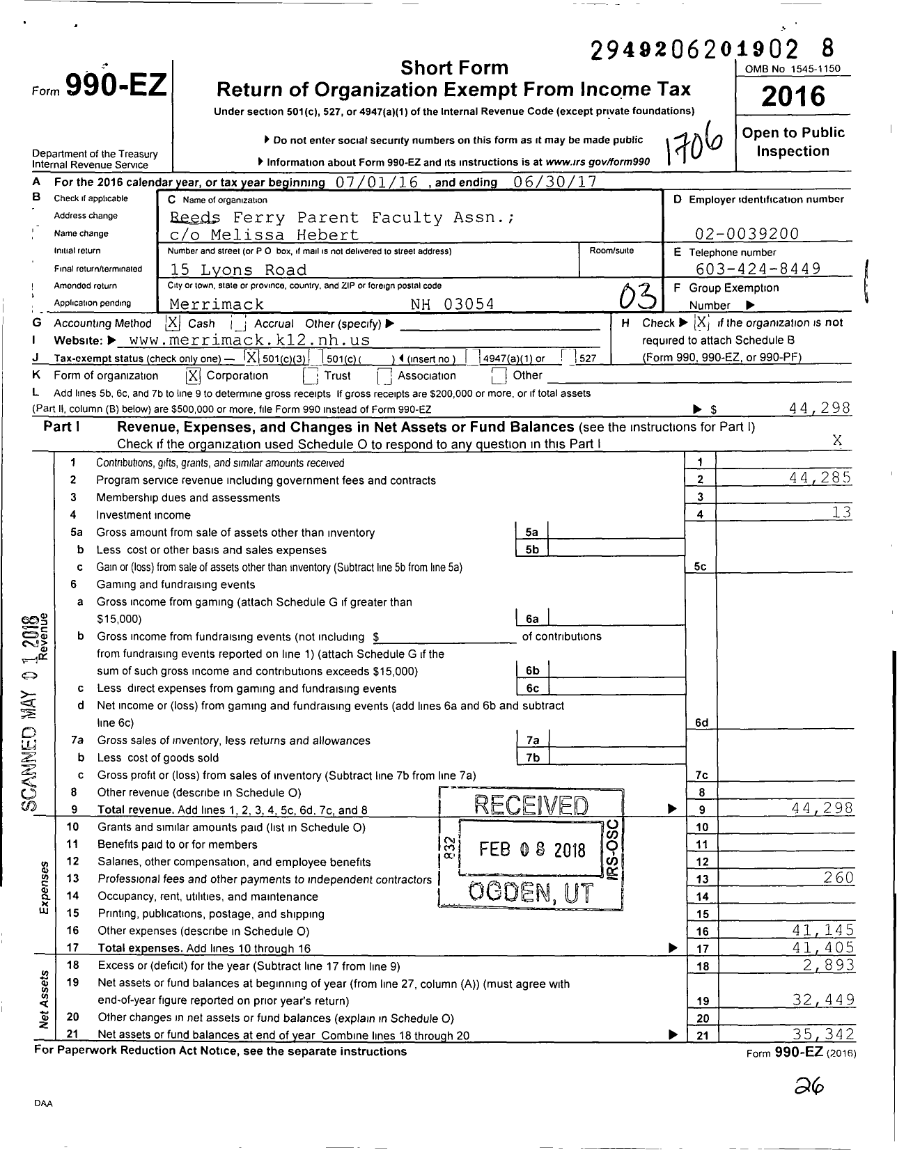 Image of first page of 2016 Form 990EZ for Reeds Ferry Parent Faculty Assn