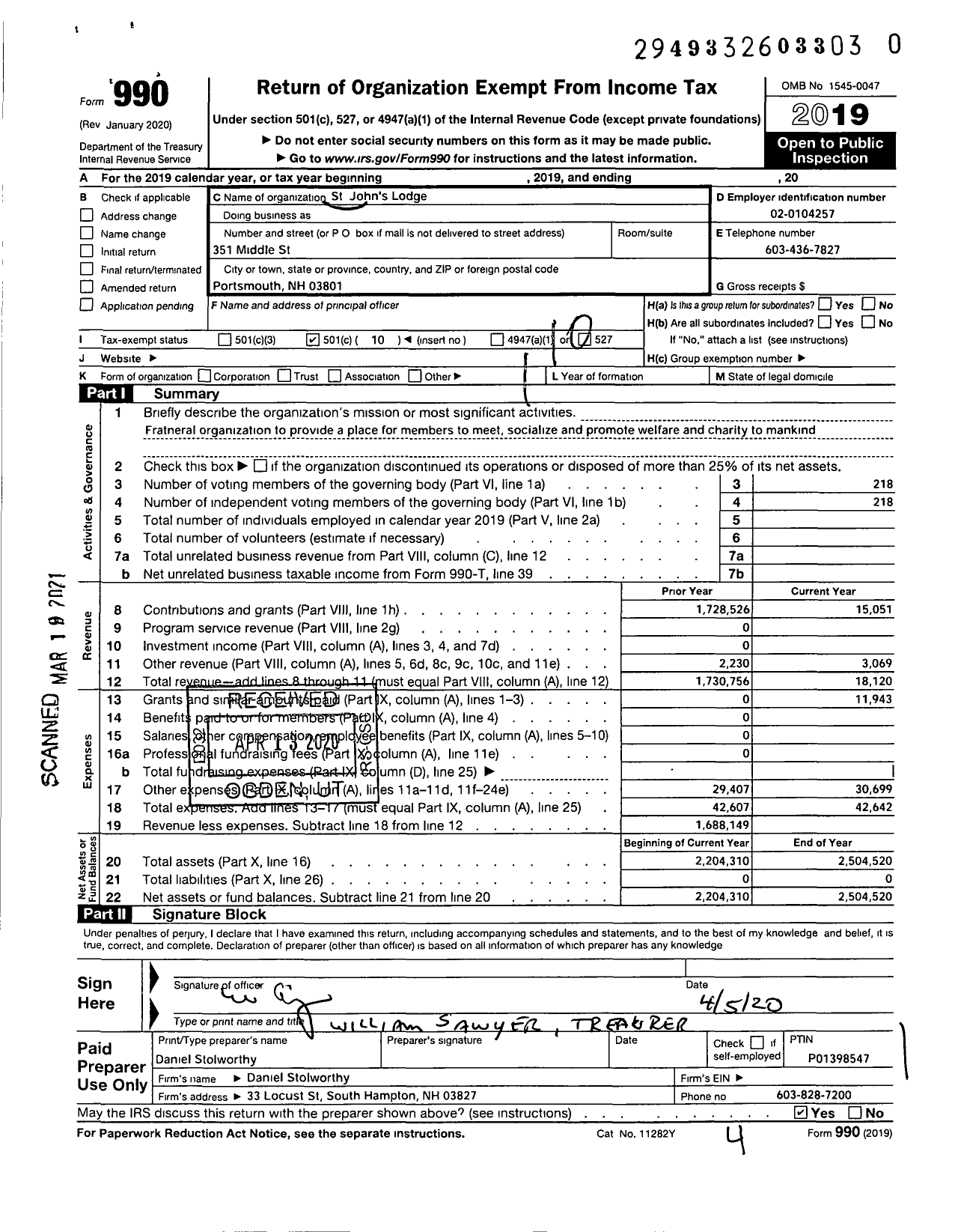 Image of first page of 2019 Form 990O for Free and Accepted Masons of New Hampshire Grand Lodge - 1 St Johns Lodge F and A M