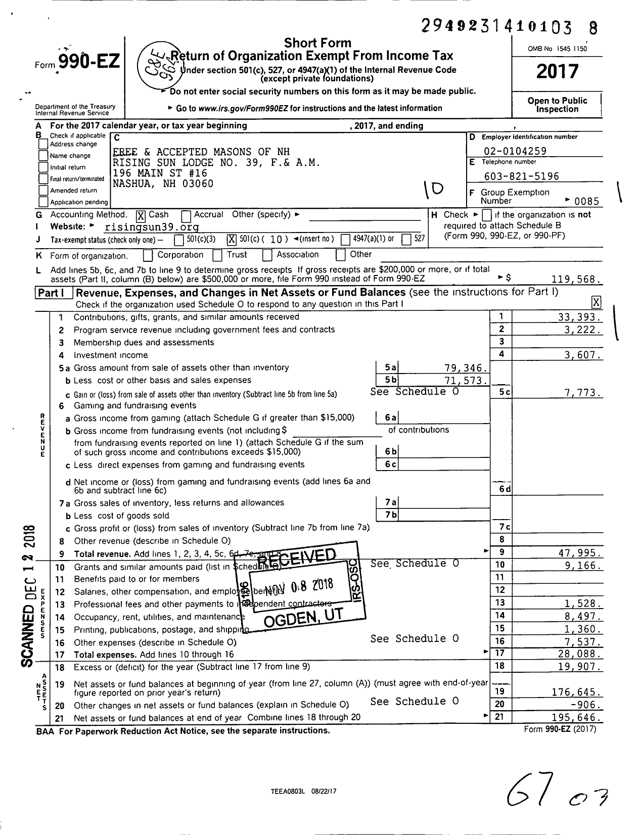 Image of first page of 2017 Form 990EO for Free and Accepted Masons of New Hampshire - 39 Rising Sun Lodge