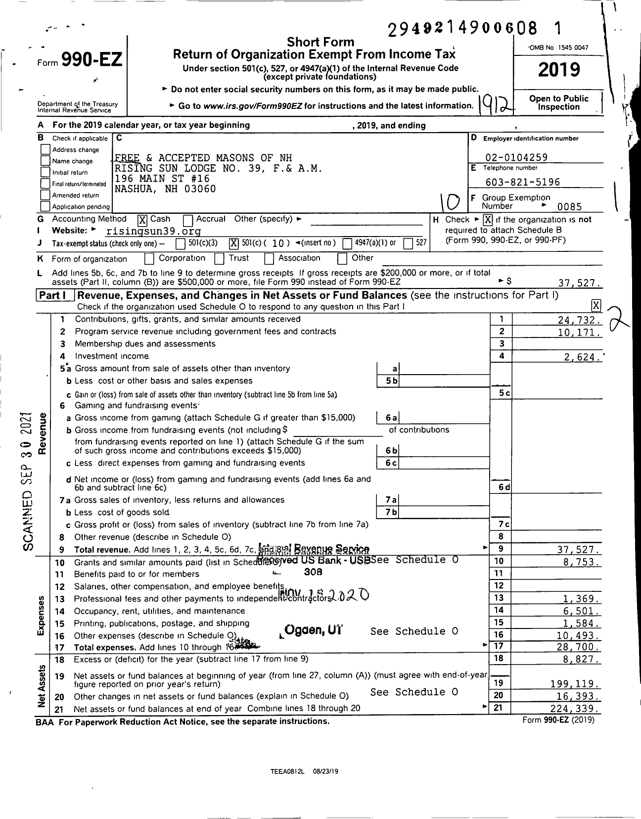 Image of first page of 2019 Form 990EO for Free and Accepted Masons of New Hampshire - 39 Rising Sun Lodge