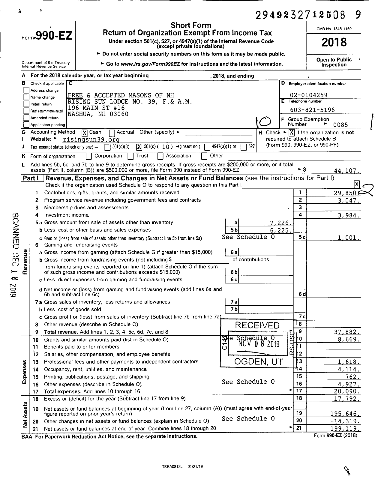 Image of first page of 2018 Form 990EO for Free and Accepted Masons of New Hampshire - 39 Rising Sun Lodge