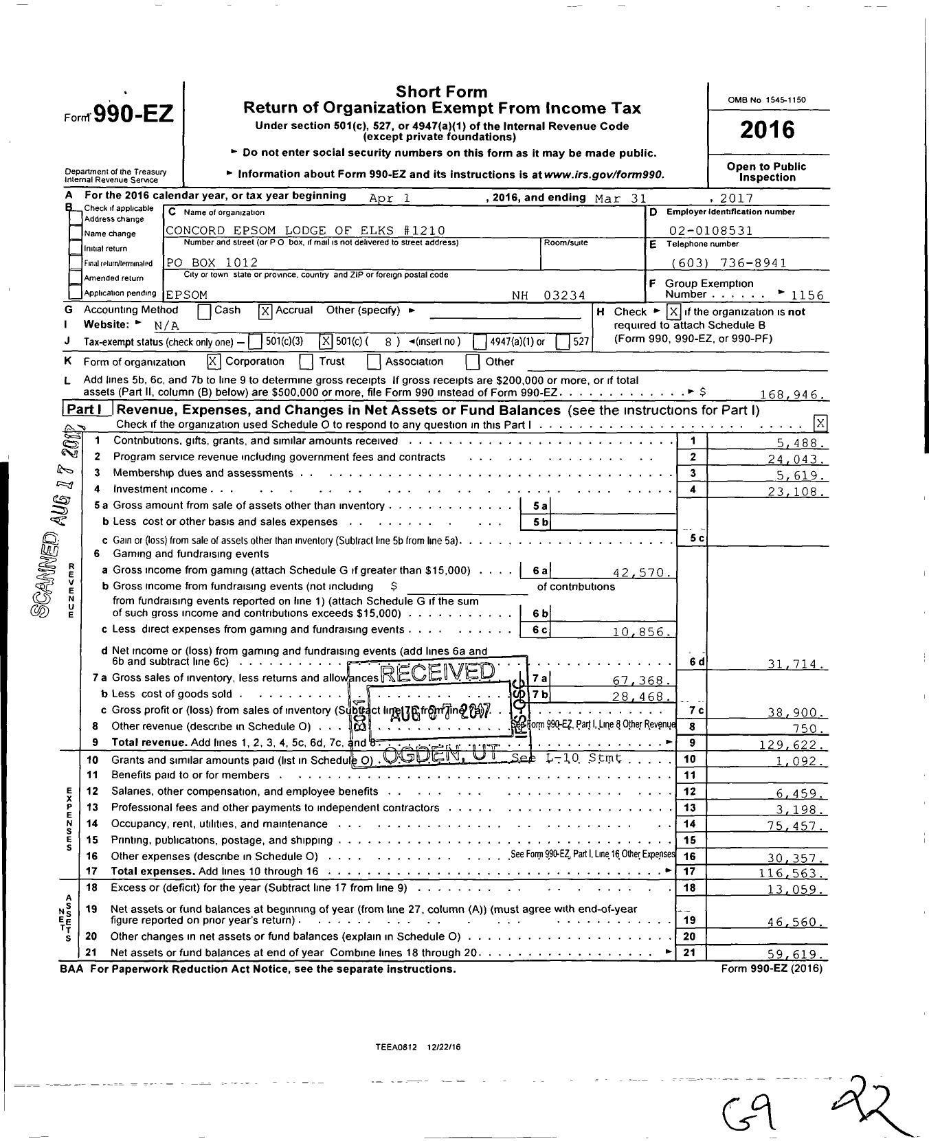 Image of first page of 2016 Form 990EO for Benevolent and Protective Order of Elks - 1210 Concord Epsom