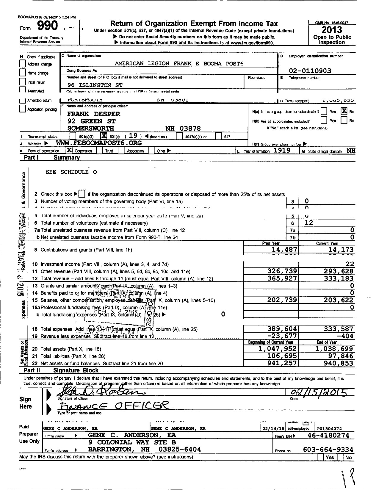 Image of first page of 2013 Form 990O for American Legion - Frank E Booma Inc Post 0006