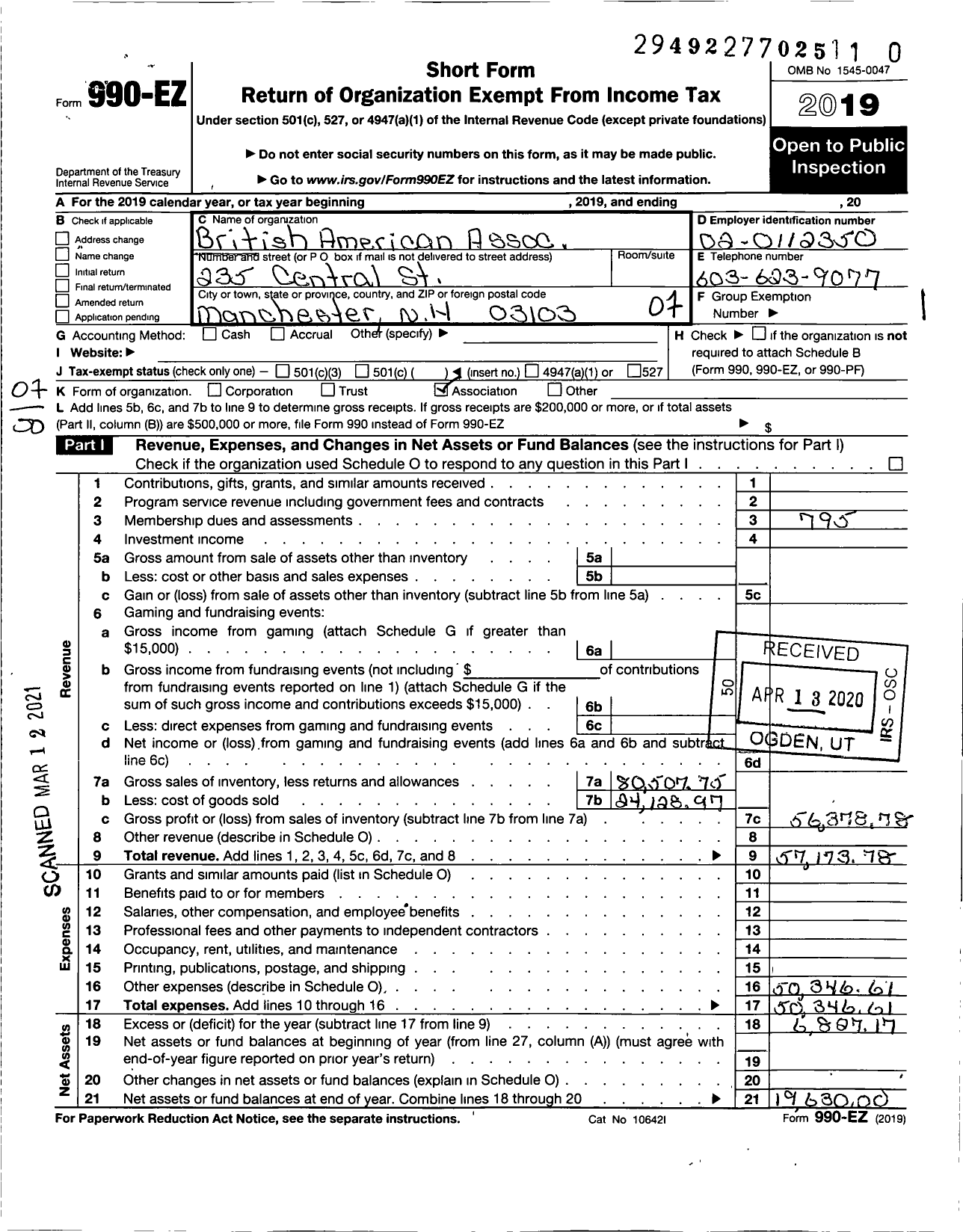 Image of first page of 2019 Form 990EO for British American Association