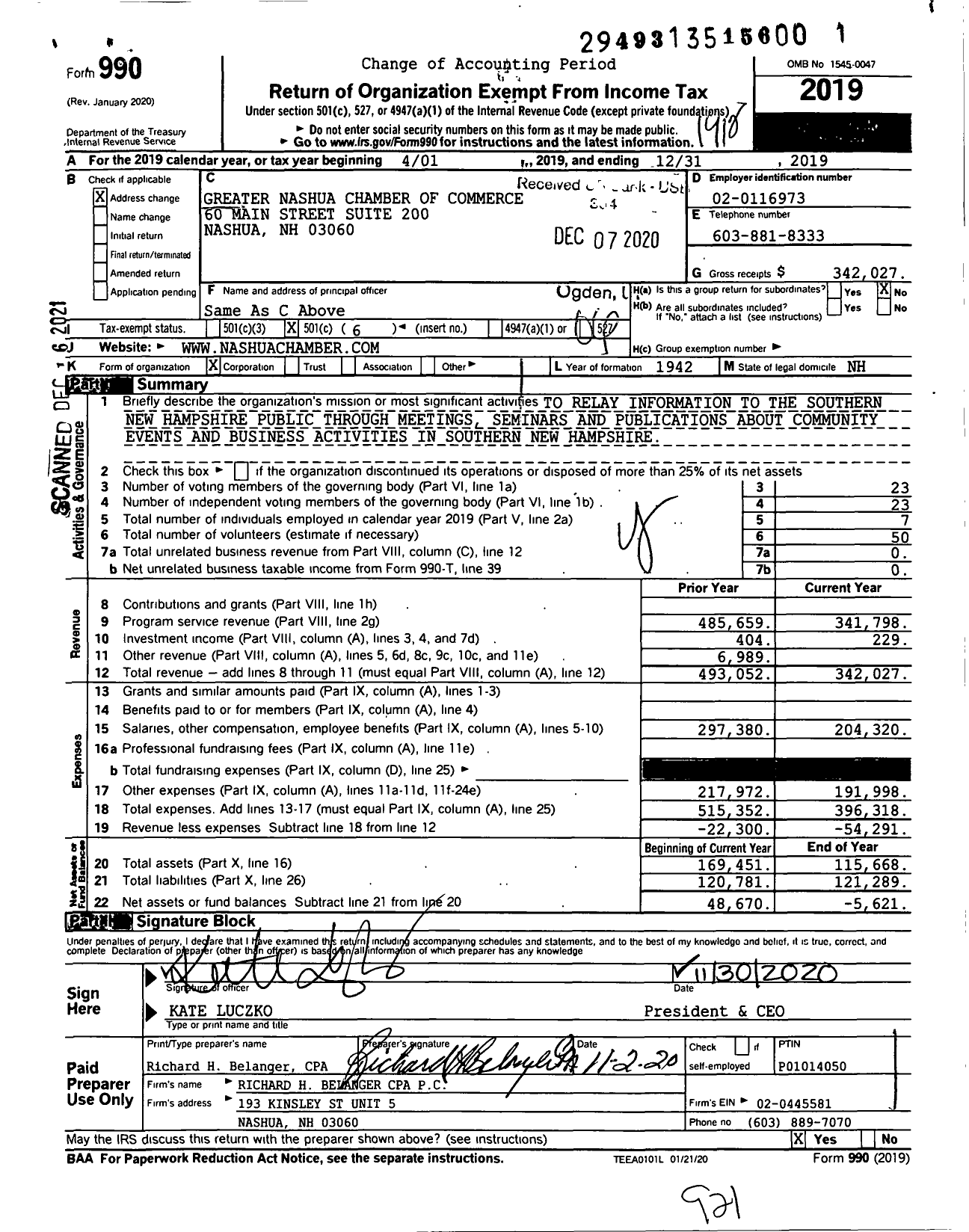 Image of first page of 2019 Form 990O for Greater Nashua Chamber of Commerce