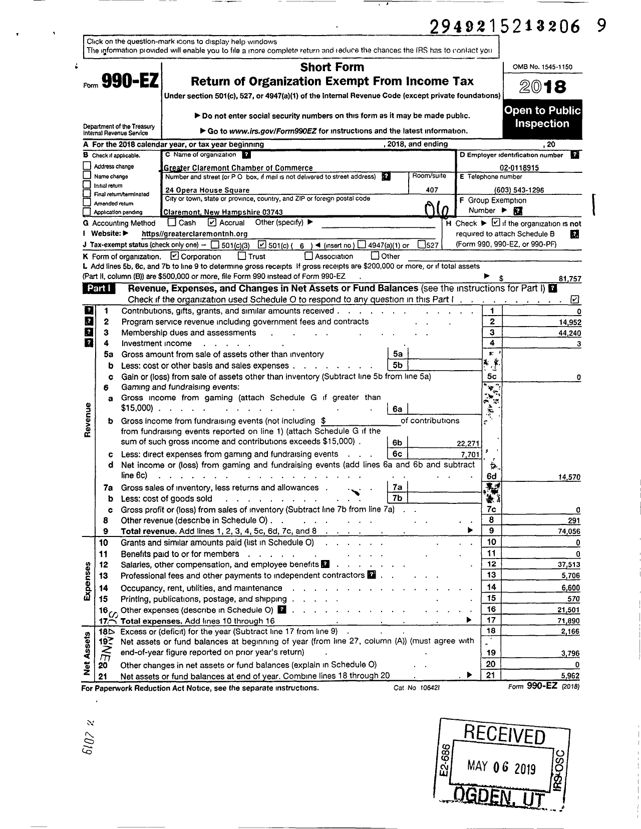 Image of first page of 2018 Form 990EO for Greater Claremont Chamber of Commerce