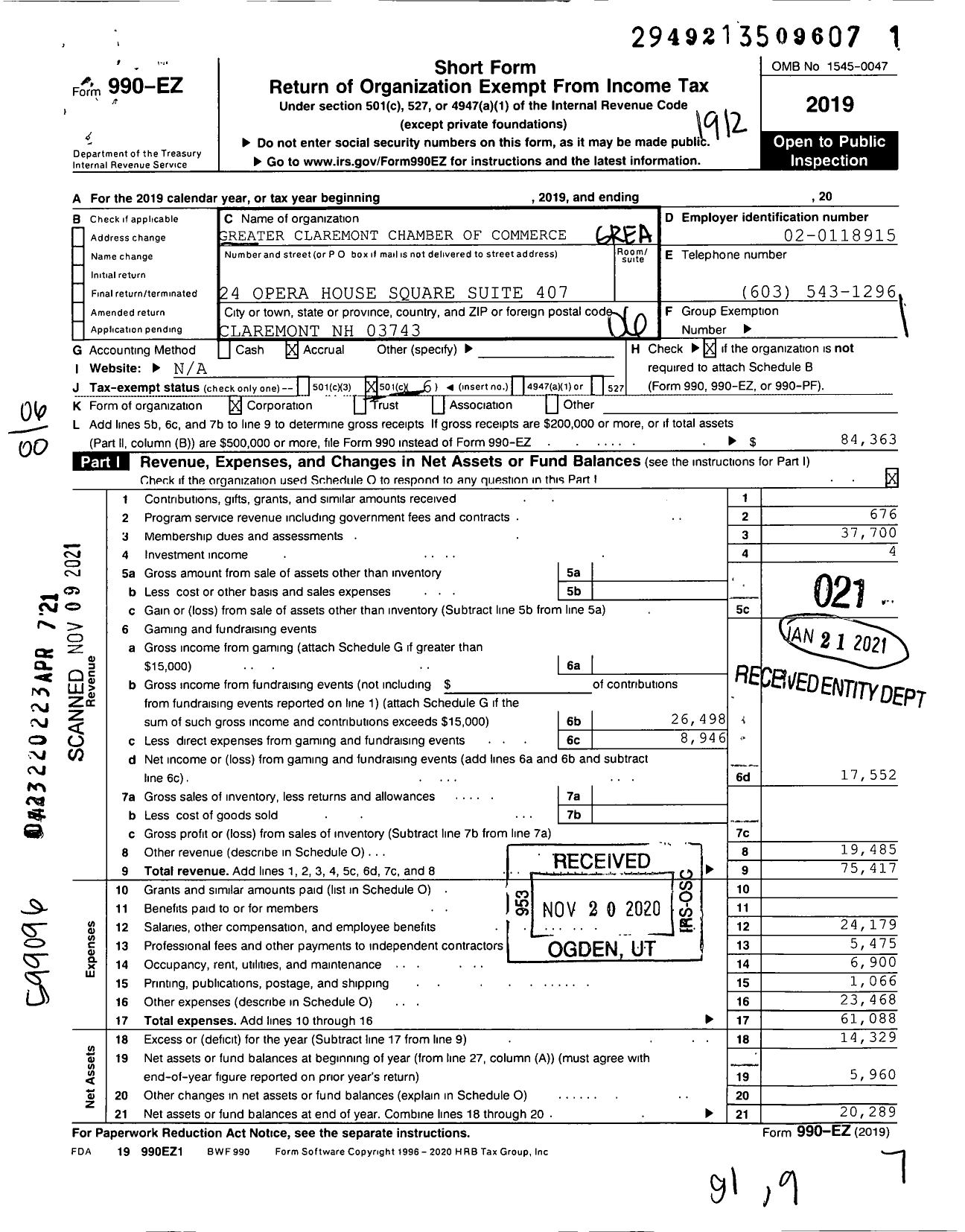 Image of first page of 2019 Form 990EO for Greater Claremont Chamber of Commerce