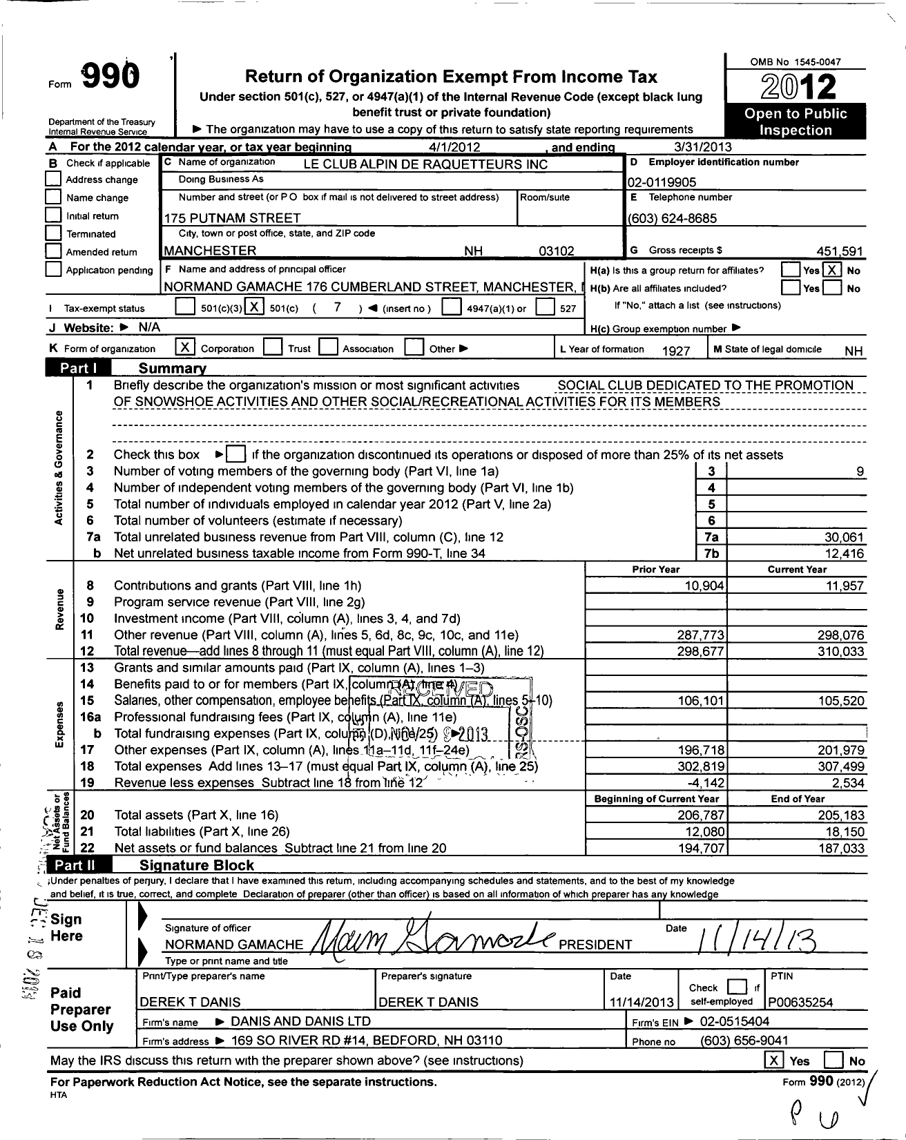 Image of first page of 2012 Form 990O for Le Club Alpin de Raquetteurs