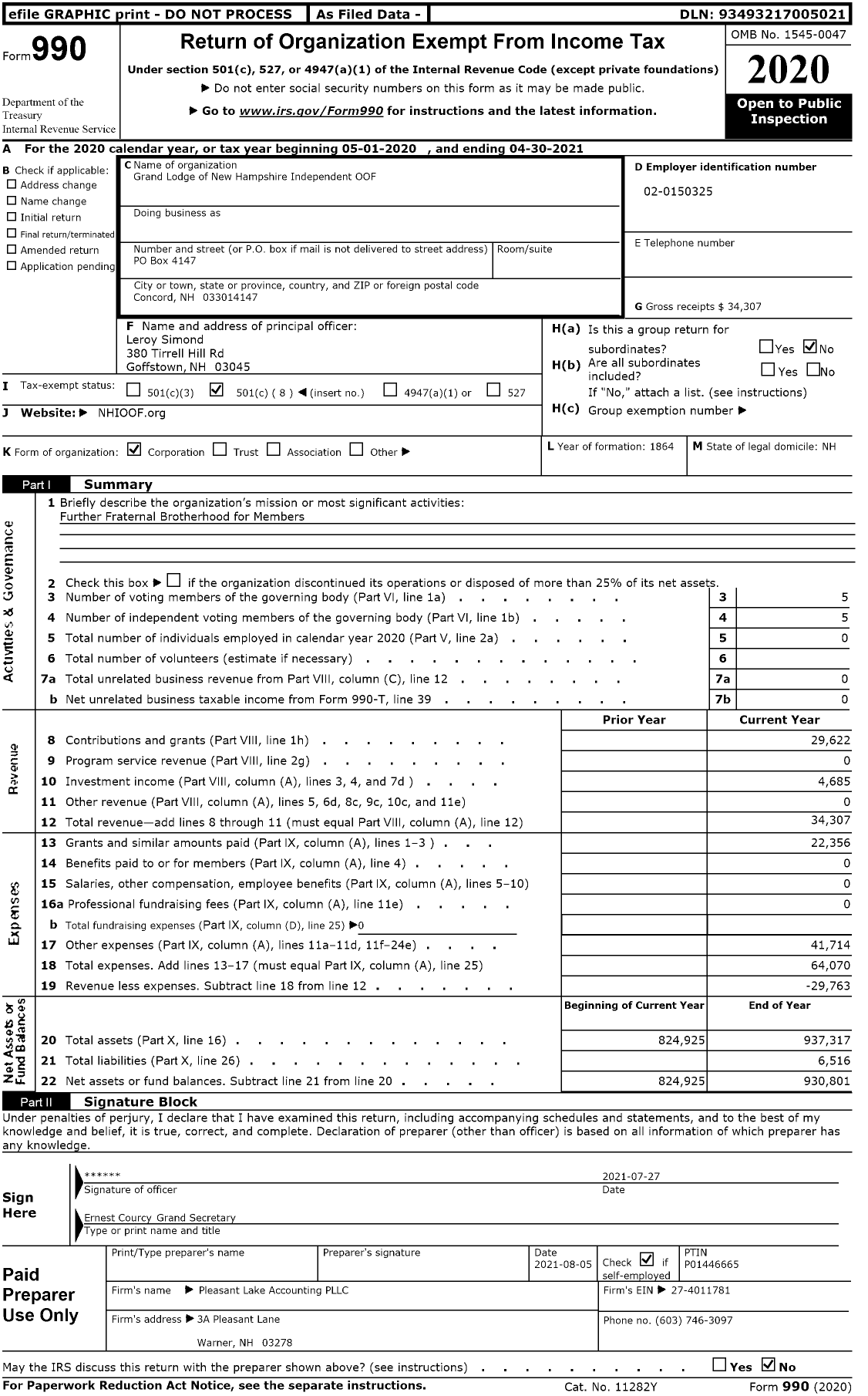 Image of first page of 2020 Form 990O for Independent Order of Odd Fellows - New Hampshire Grand Lodge