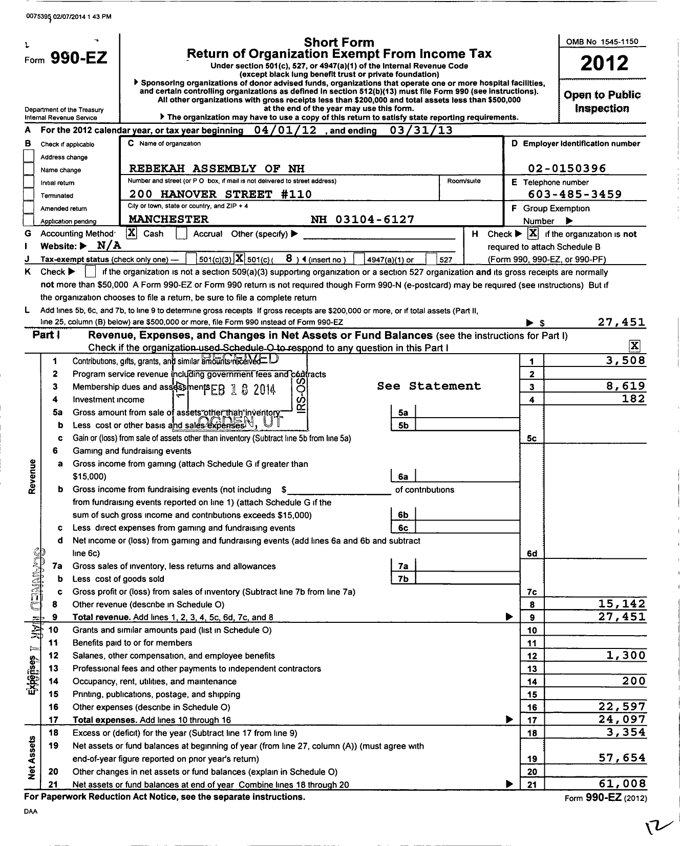 Image of first page of 2012 Form 990EO for Rebekah Assembly of NH