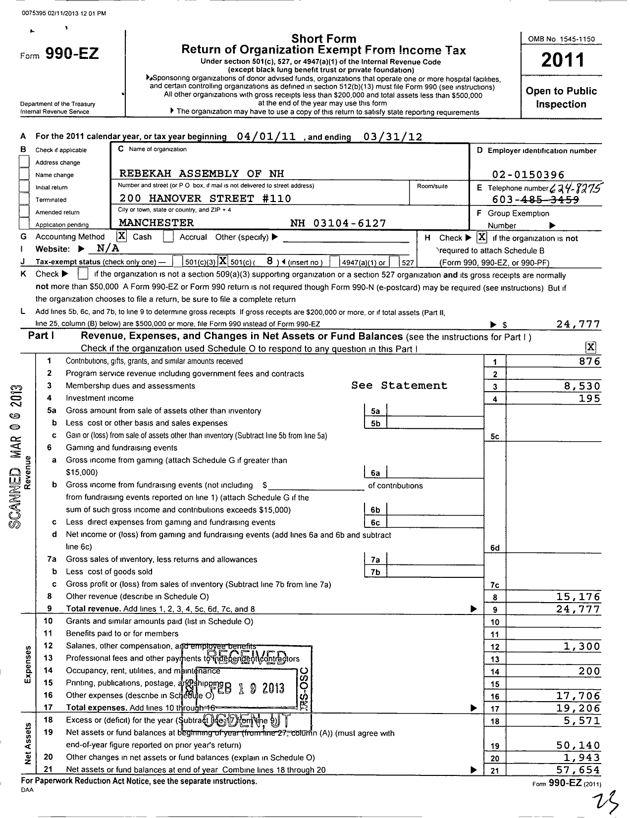 Image of first page of 2011 Form 990EO for Rebekah Assembly of NH