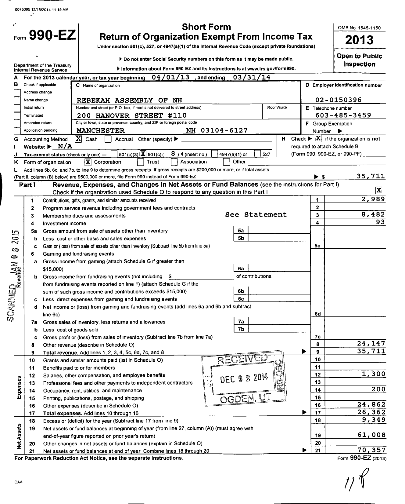 Image of first page of 2013 Form 990EO for Rebekah Assembly of NH