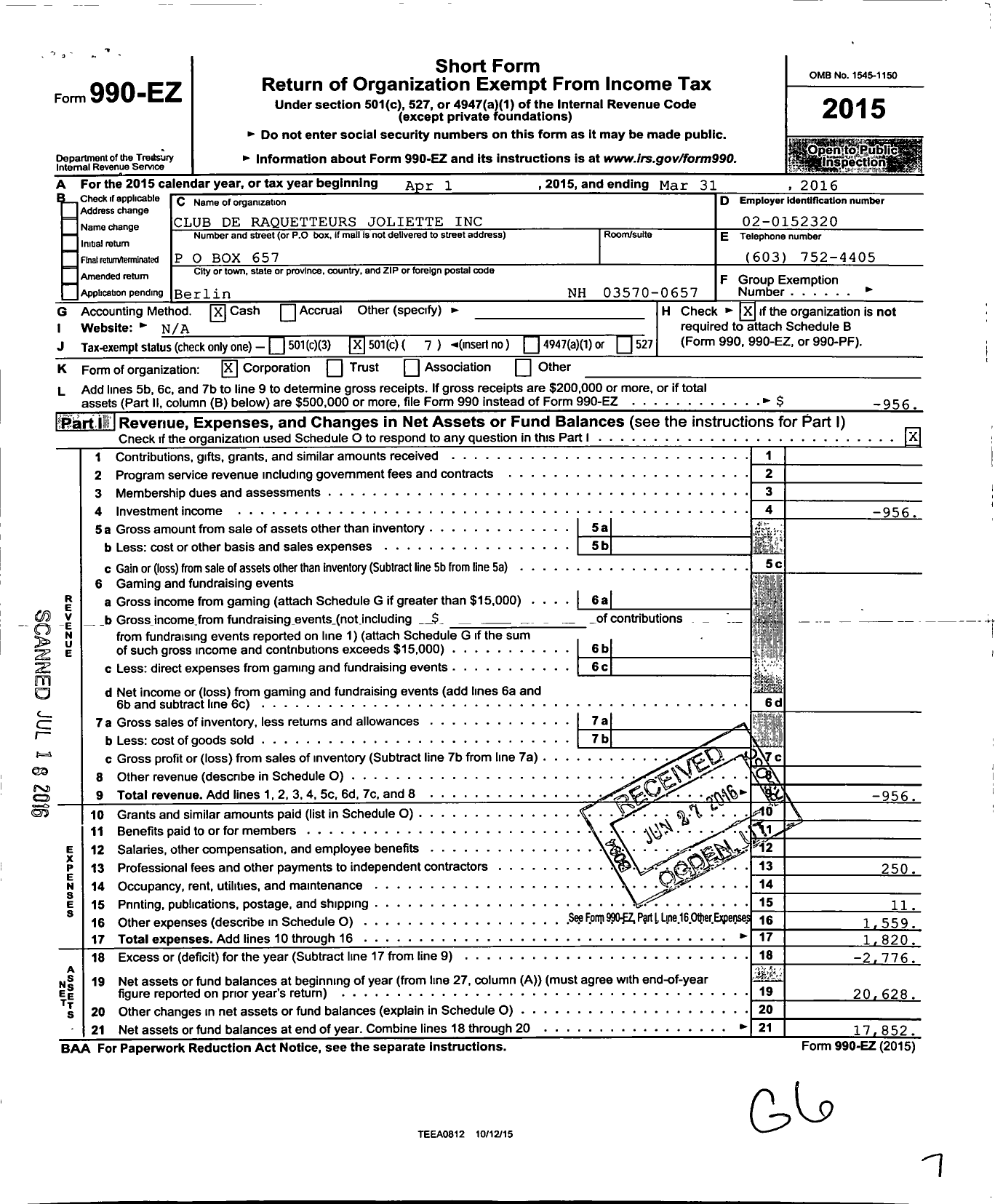 Image of first page of 2015 Form 990EO for Club de Raquetteurs Joliette