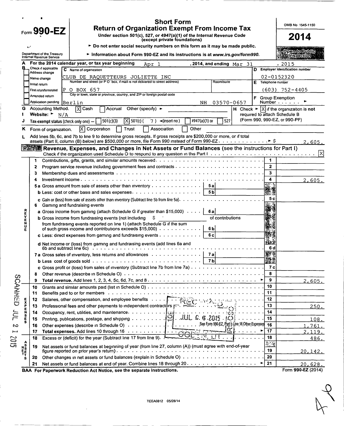 Image of first page of 2014 Form 990EO for Club de Raquetteurs Joliette