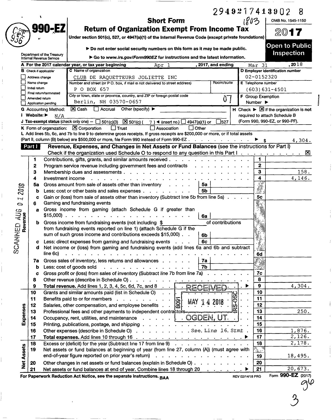 Image of first page of 2017 Form 990EO for Club de Raquetteurs Joliette